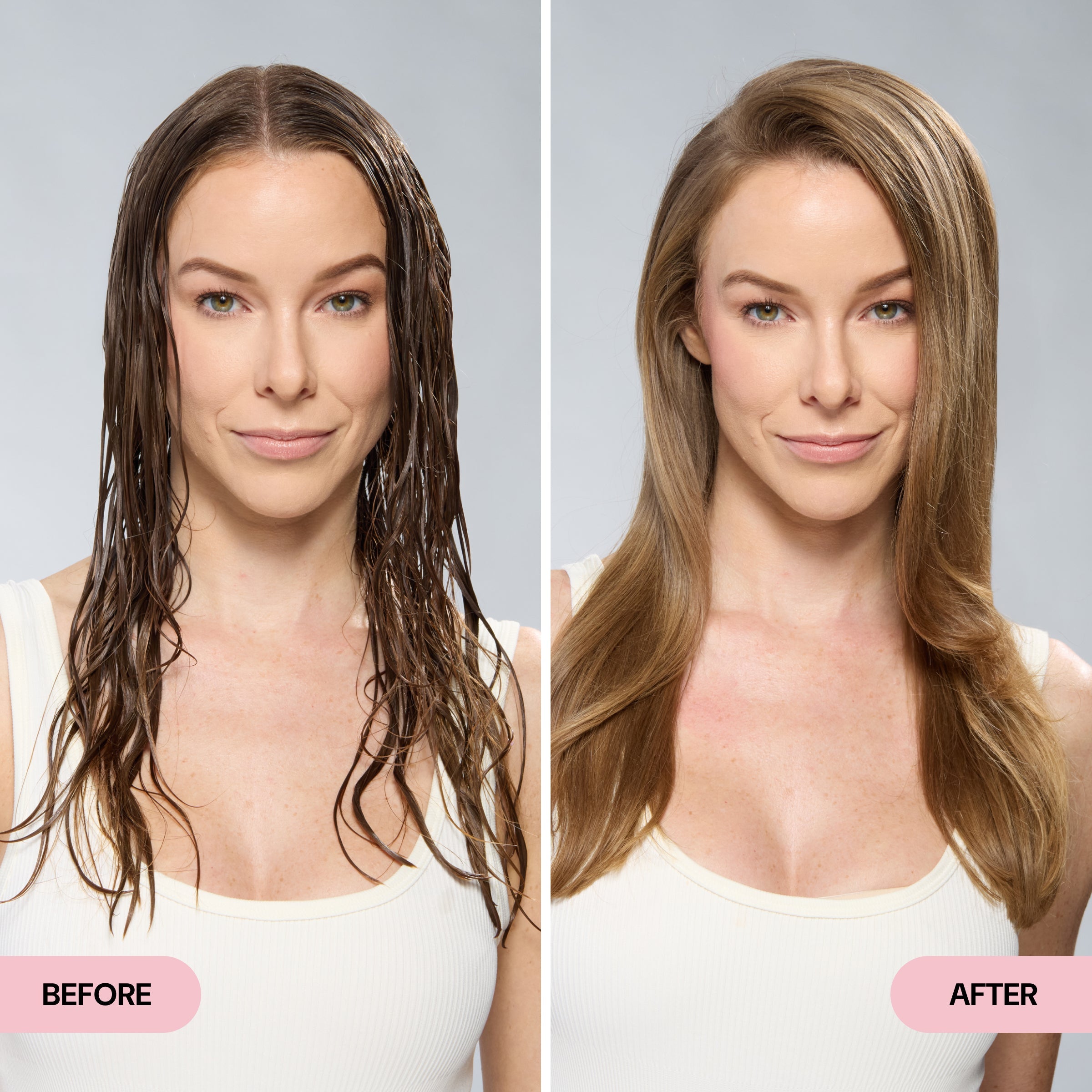 Side-by-side of woman with wet, weighed-down hair before and smooth, voluminous hair after.