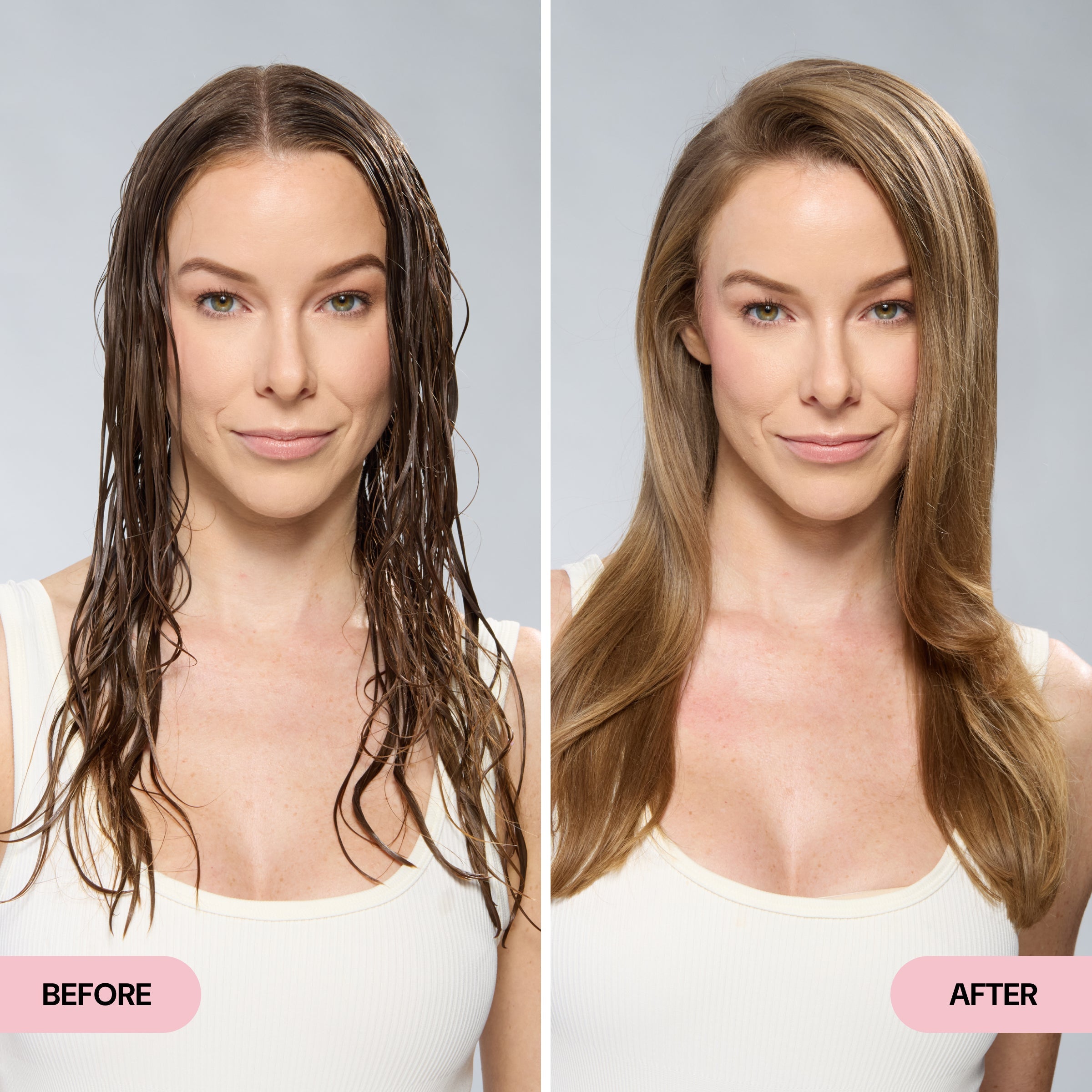 Side-by-side of woman with wet, weighed-down hair before and smooth, voluminous hair after.