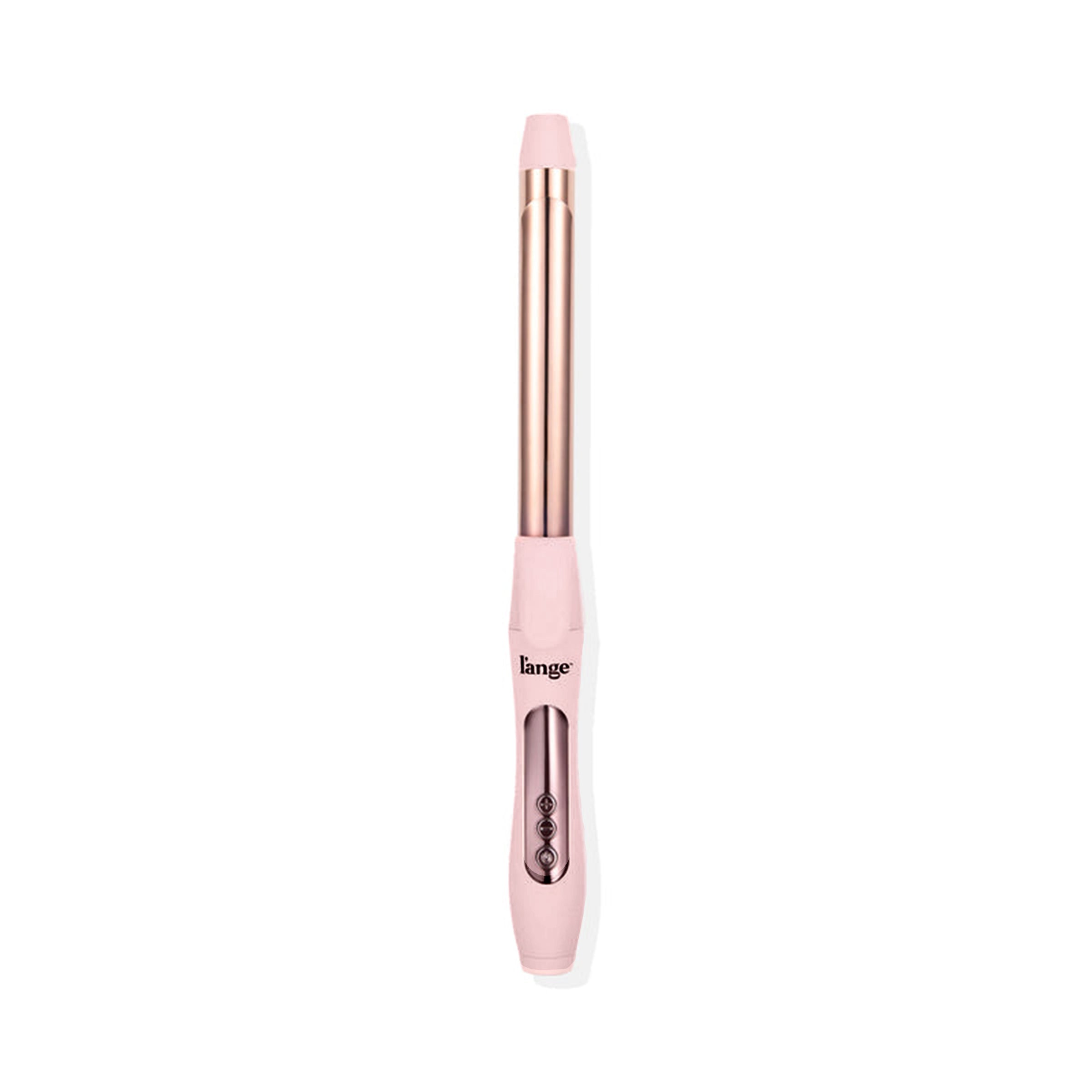 Pink 25mm curling wand with a clip, rose gold barrel, and three digital control buttons on the handle