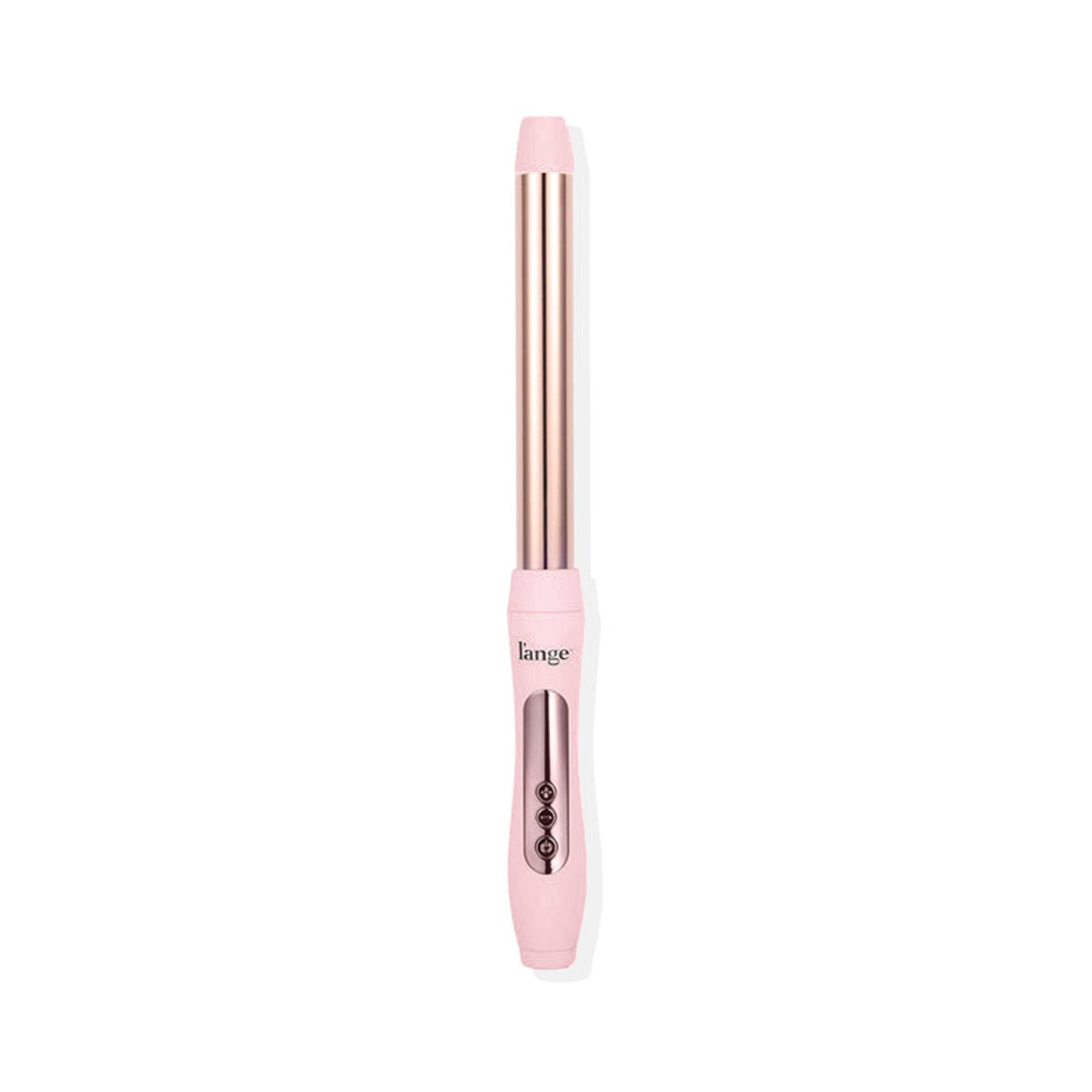 Pink 25mm curling wand with a rose gold barrel and three digital control buttons on the handle