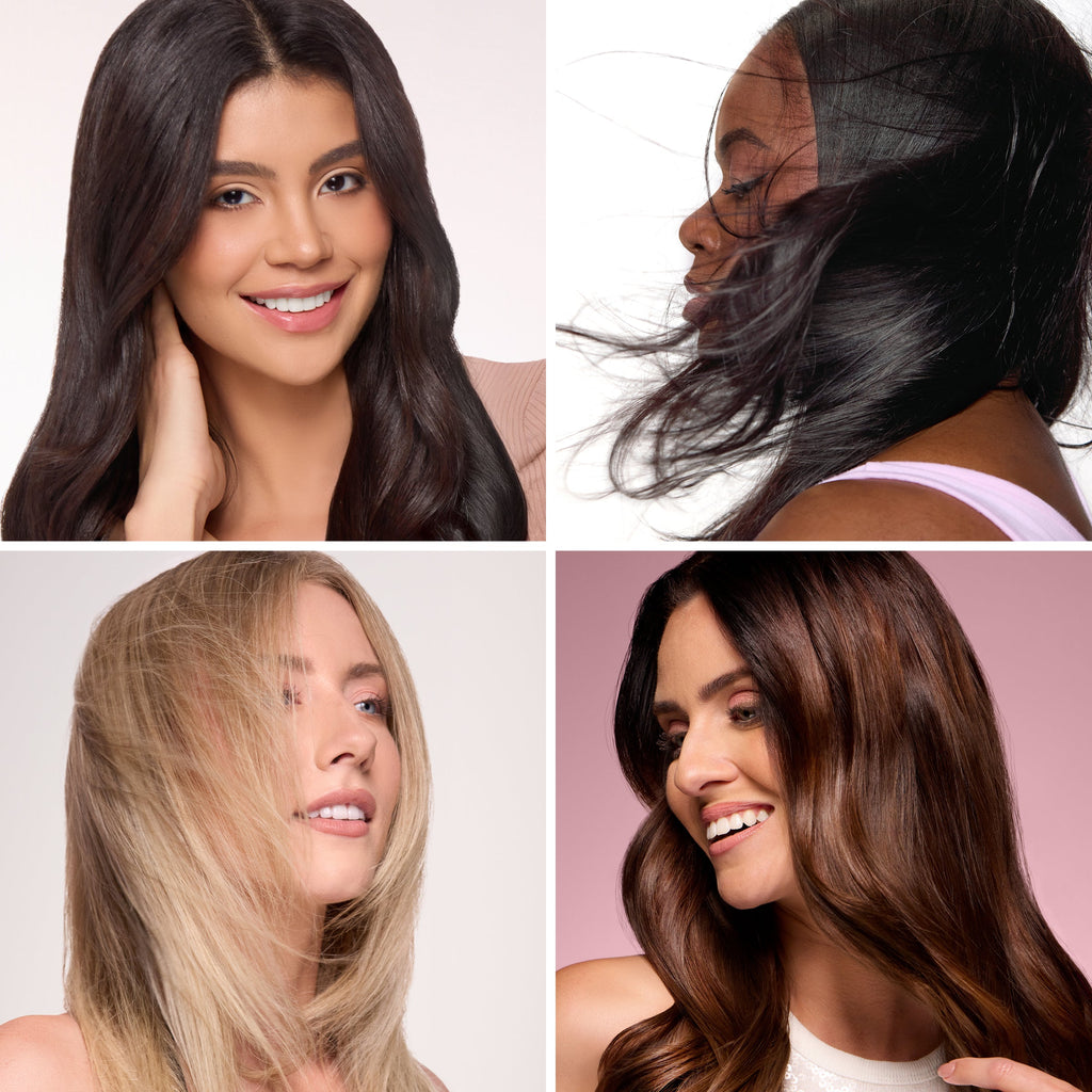 Collage of four women with different hair types and colors, showcasing smooth, healthy-looking hair.