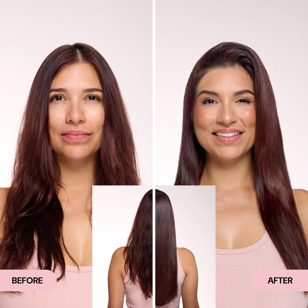 Side-by-side comparison of a woman with slightly frizzy, unevenly textured burgundy hair in the "Before" image and smooth, sleek, and glossy hair in the "After" image. A small center inset also shows the back view, highlighting the even length, shine, and polished finish of the transformation.