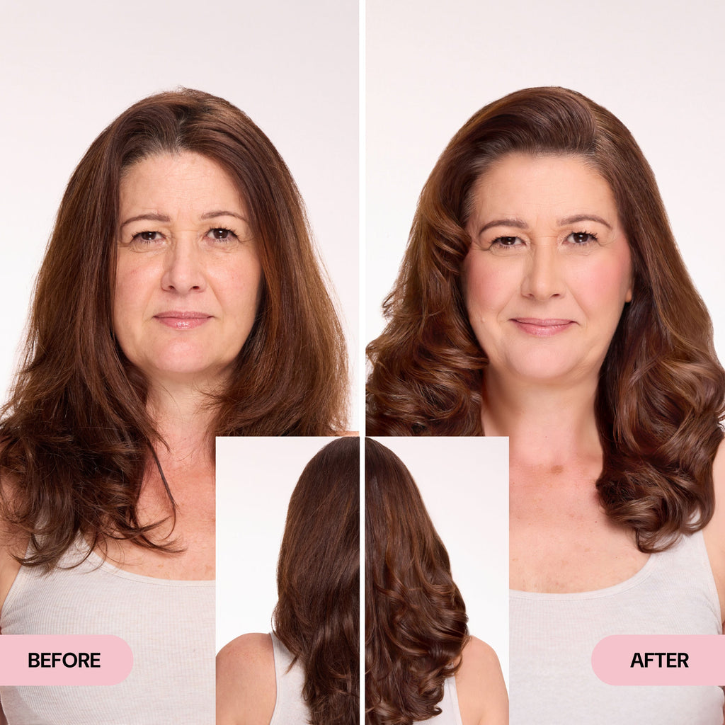 Before and after comparison of a woman highlighting fuller, more defined hair with added volume and shine.