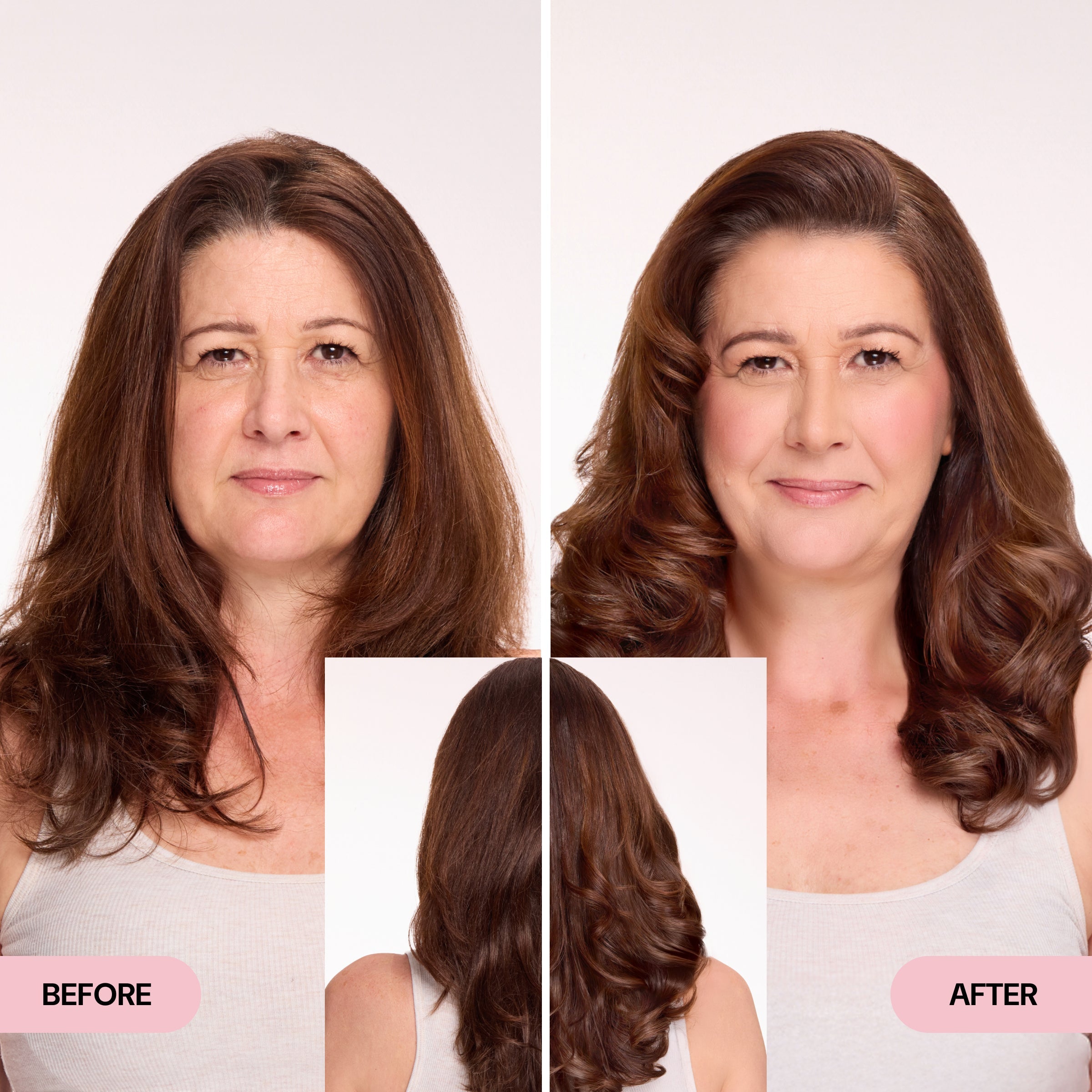 Before and after comparison of a woman highlighting fuller, more defined hair with added volume and shine.