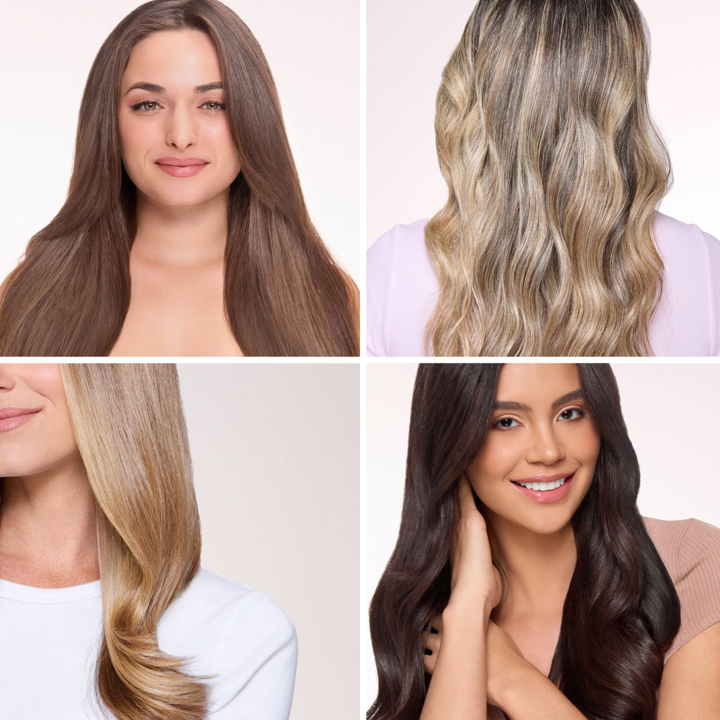 Diverse hairstyles and colors showcased: straight long brown hair, sleek blonde waves, wavy golden brown locks, and voluminous dark brunette waves.