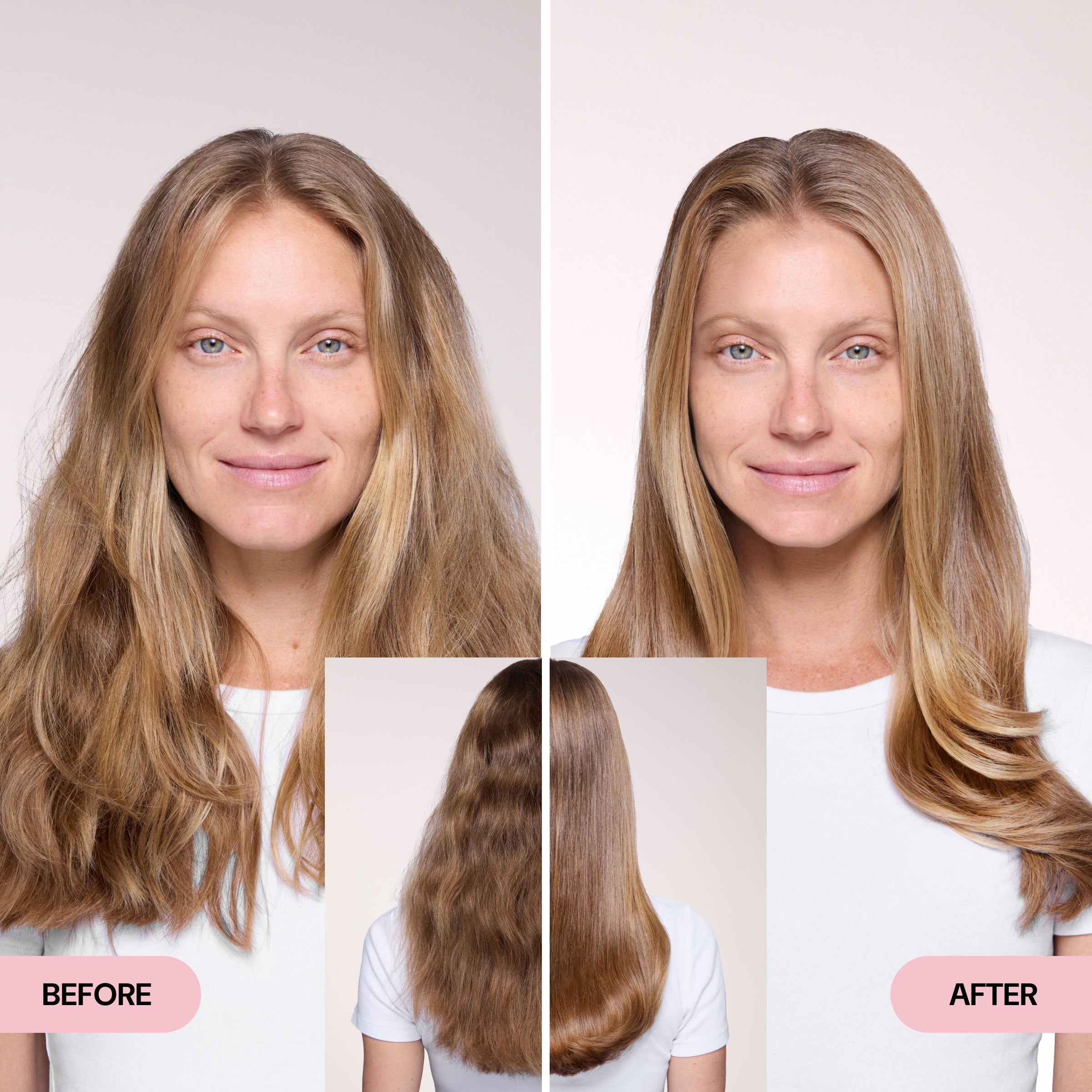 Side-by-side comparison showcasing hair transformation before and after treatment, highlighting smoother and shinier results.