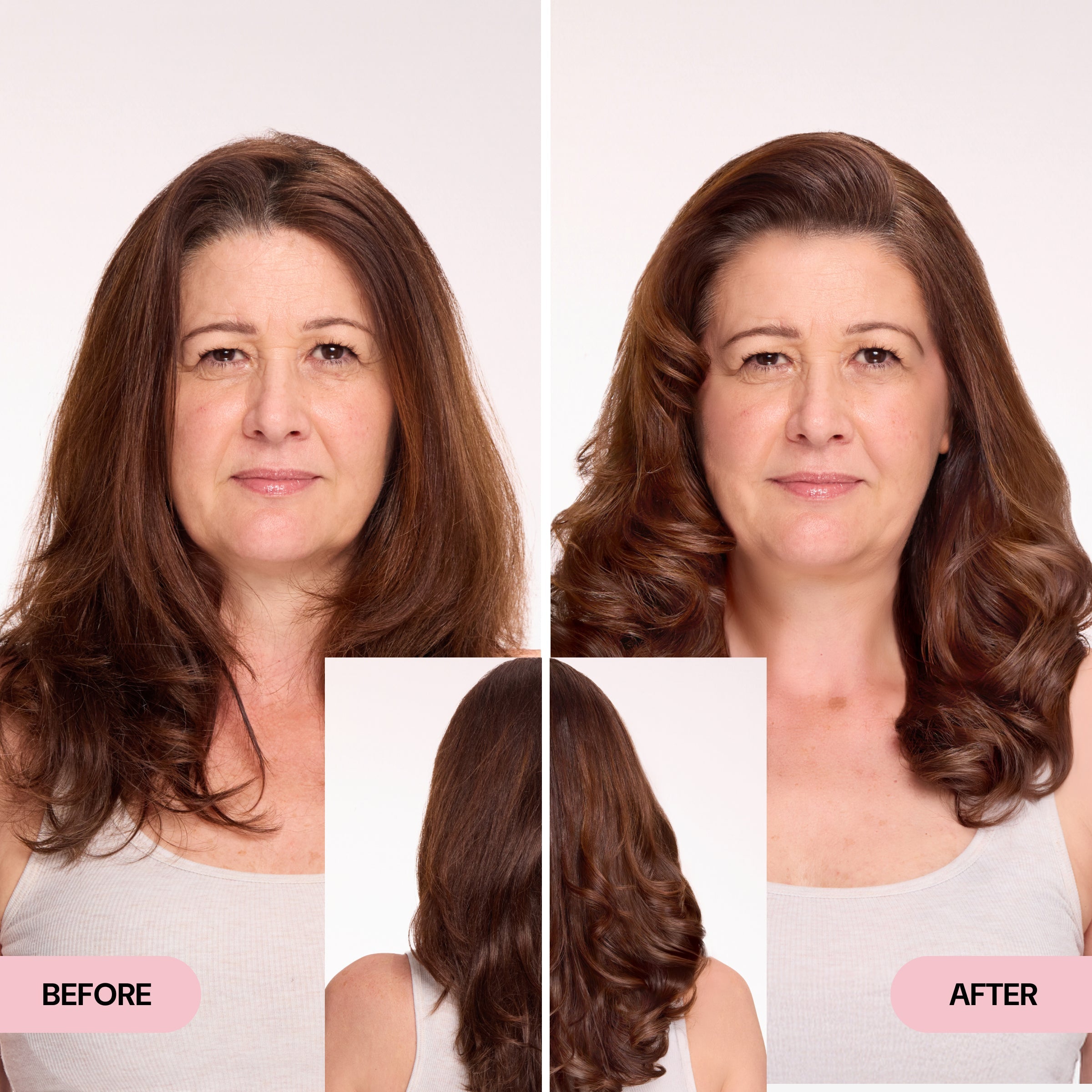 Before-and-after hair transformation of a woman with straight medium-length brown hair styled into voluminous, shiny, wavy curls, showcasing enhanced texture and gloss.