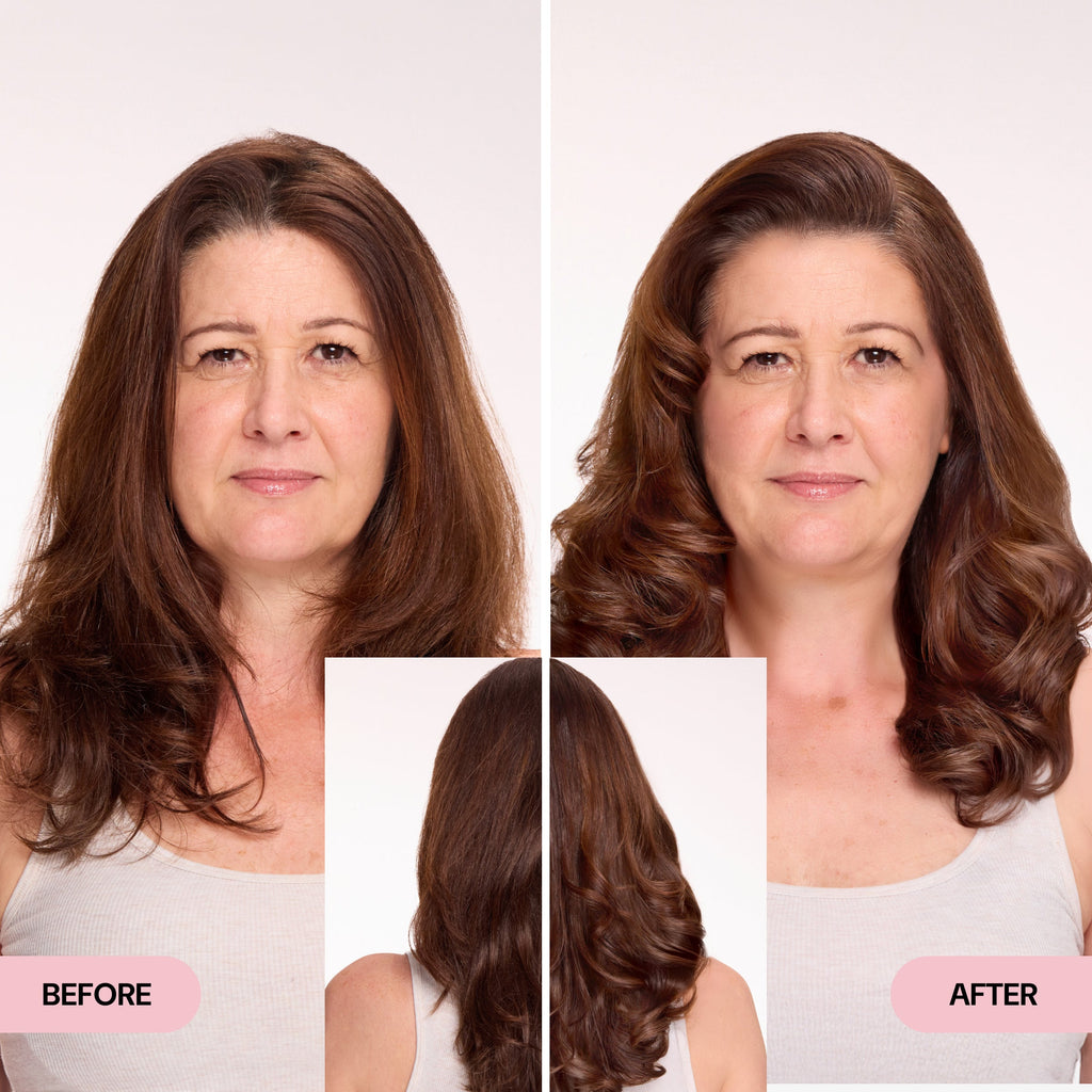 Before-and-after hair transformation of a woman with straight medium-length brown hair styled into voluminous, shiny, wavy curls, showcasing enhanced texture and gloss.