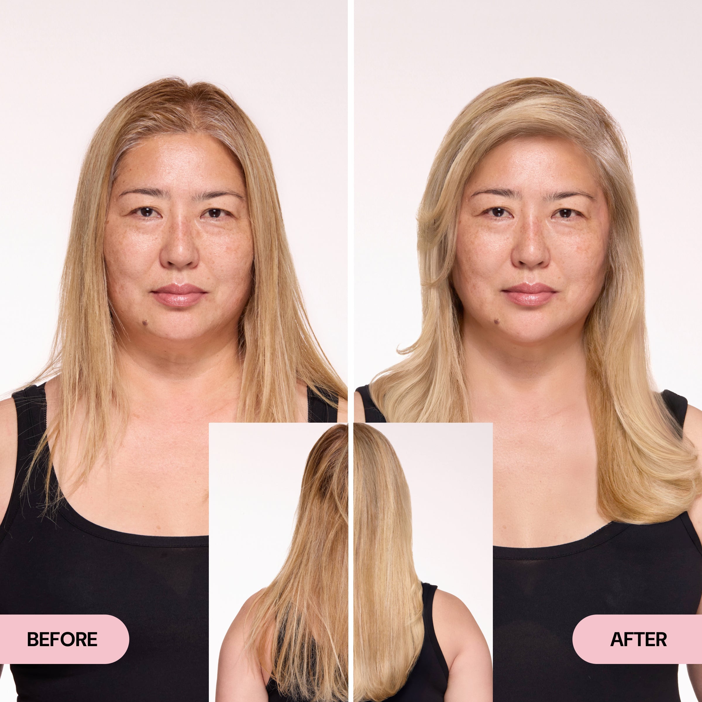 Before-and-after comparison of a woman with blonde hair. The "before" side shows straight, unstyled hair, while the "after" side reveals a polished look with smooth, styled layers. A rear view highlights the transition and shine of the hair.