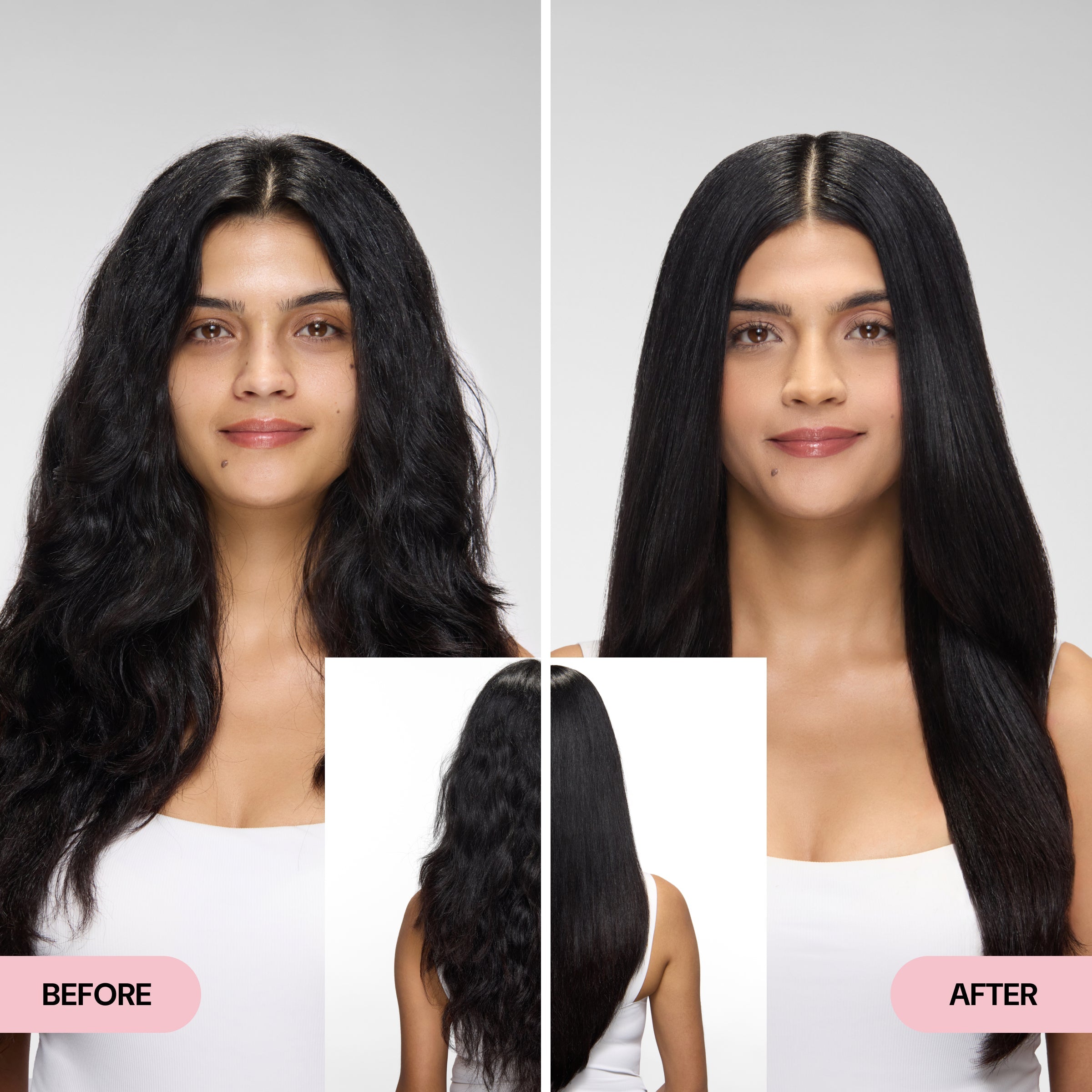 Before and After image showcasing frizzy hair on the left and sleek, shiny hair on the right.