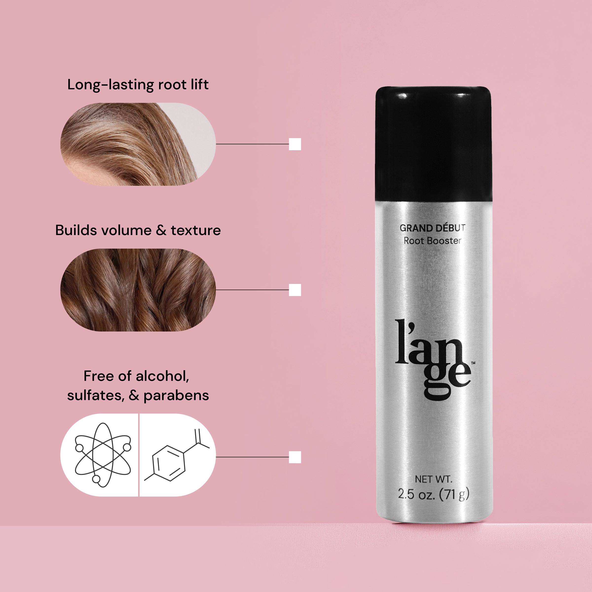 L'ange Grand Début Root Booster in a sleek metallic bottle, promising long-lasting root lift, enhanced volume and texture, and free from alcohol, sulfates, and parabens, set against a soft pink background.