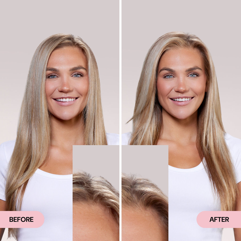 Side-by-side before and after photos showing a woman with straight blonde hair, highlighting a visible improvement in hair volume and shine.