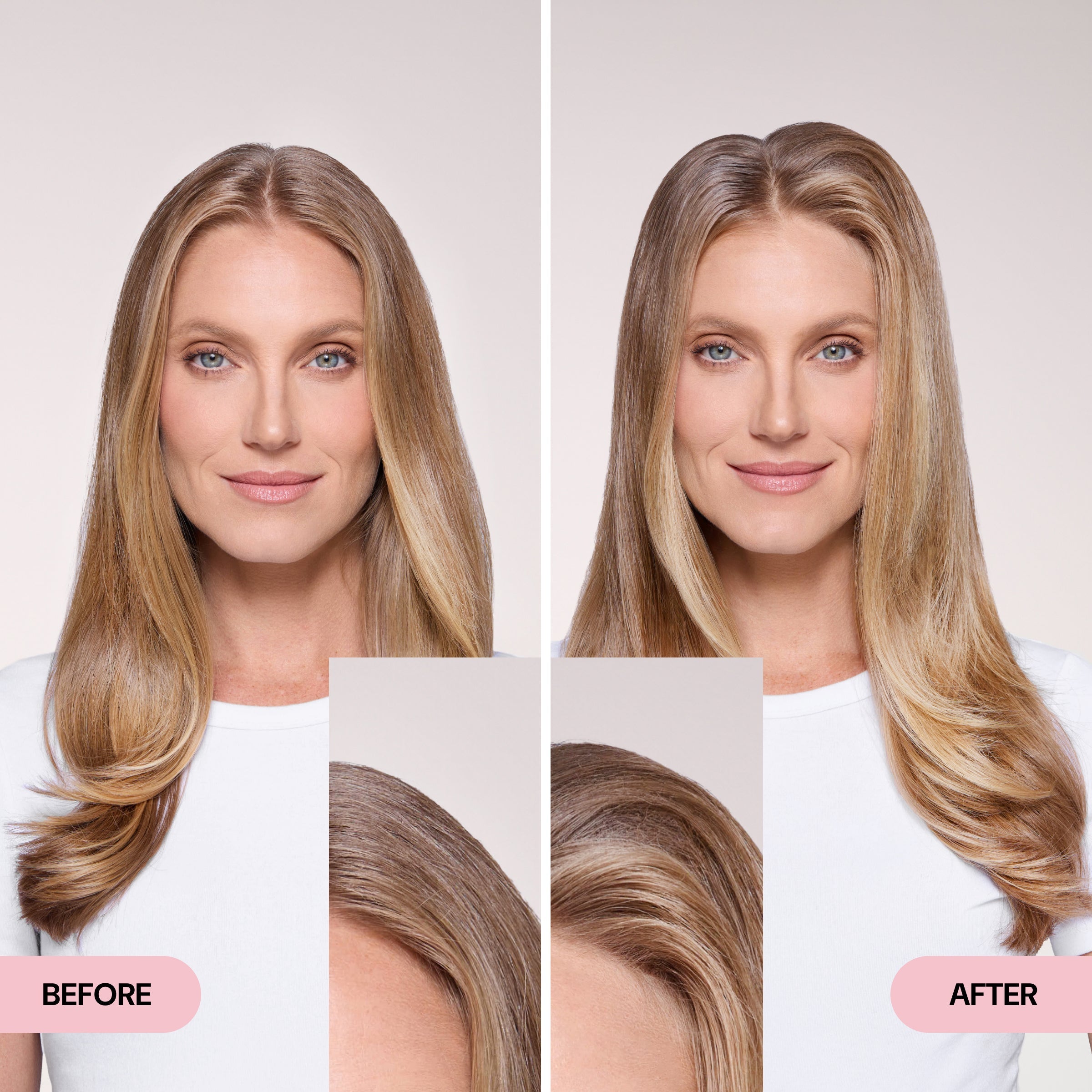 Before and after comparison of a woman with blonde hair, showing increased shine and smoother texture in the after image.