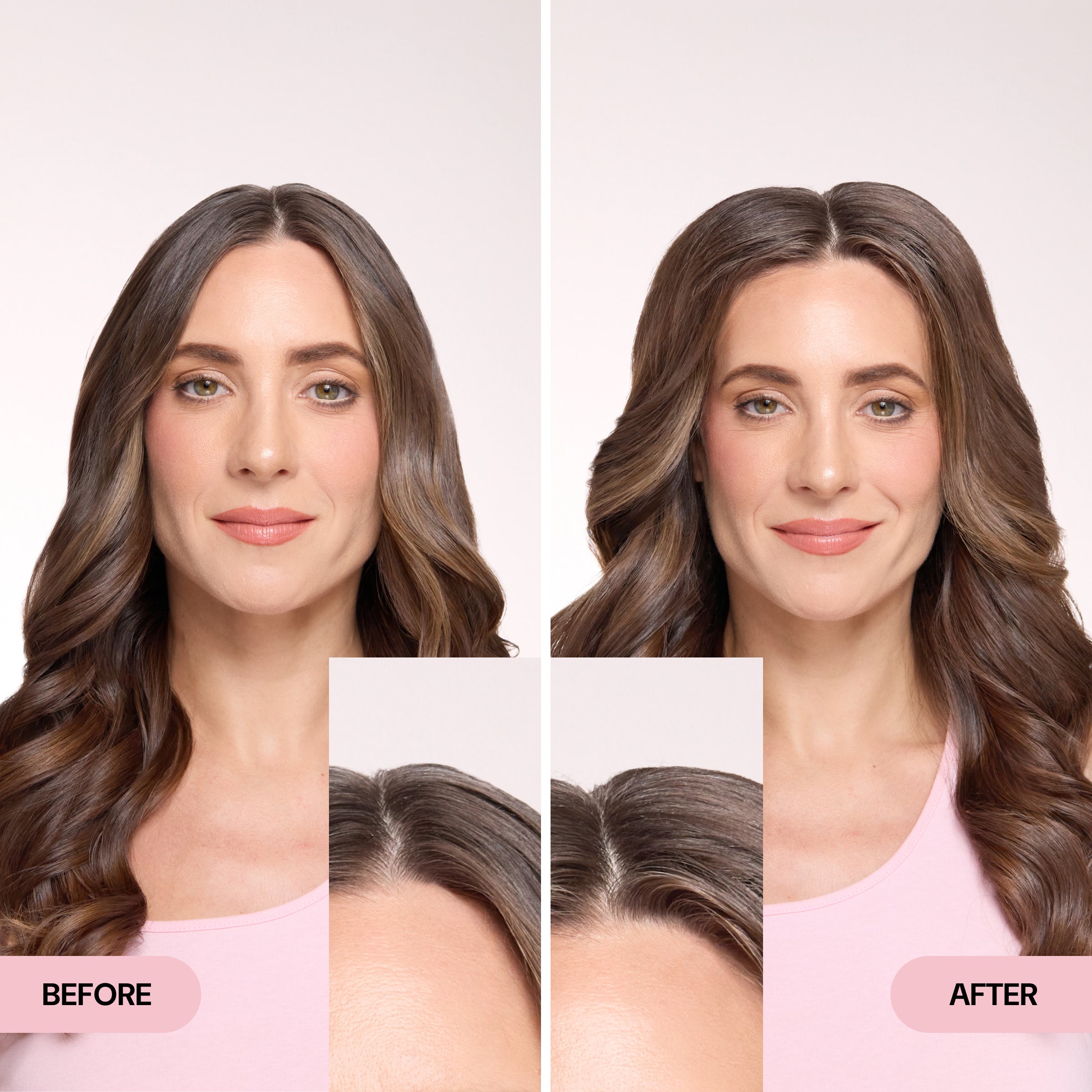 Before and after comparison of a woman with brown hair, showing enhanced shine and smoother, more defined waves in the after image.