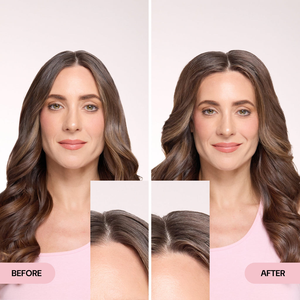 Before and after comparison of a woman with brown hair, showing enhanced shine and smoother, more defined waves in the after image.