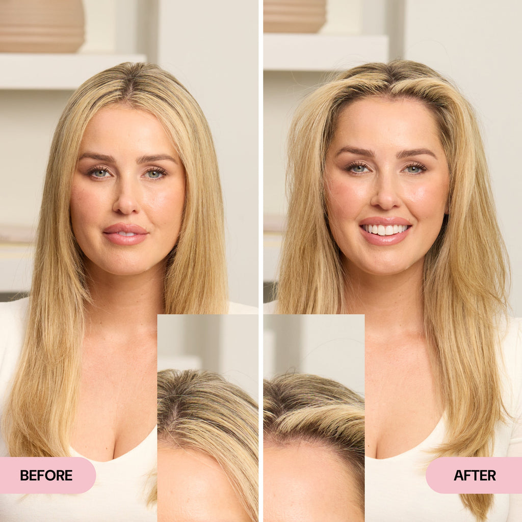 Side-by-side before and after image of a woman with blonde hair, showing added volume and lift at the roots in the after photo.