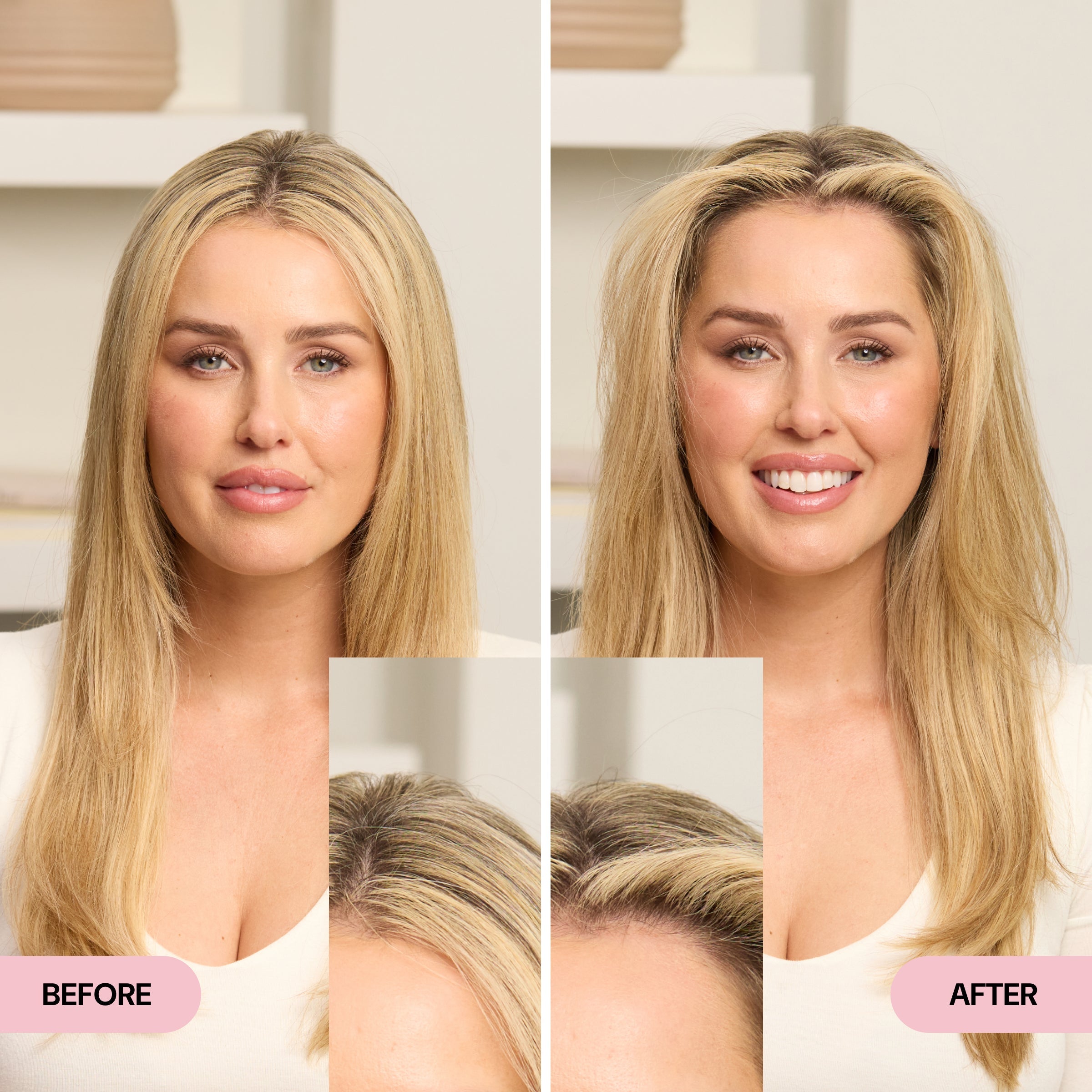 Side-by-side before and after image of a woman with blonde hair, showing added volume and lift at the roots in the after photo.