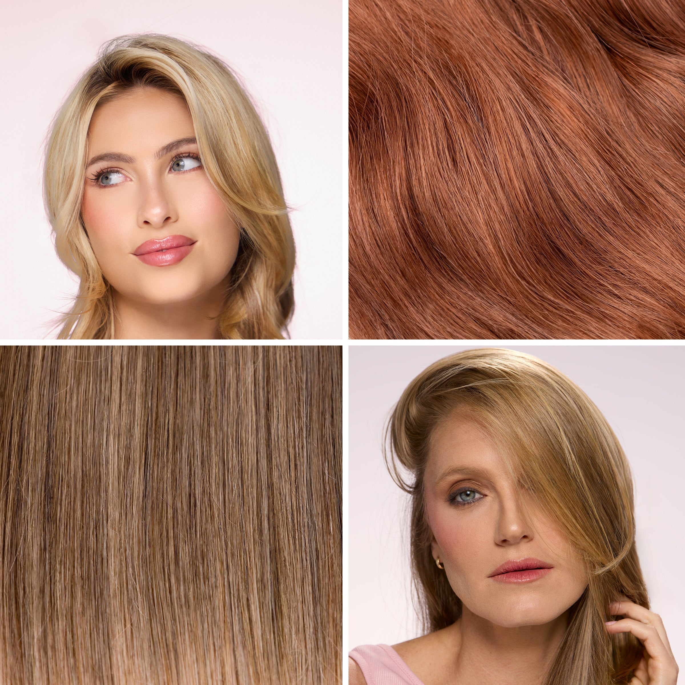 Collage showcasing hairstyles and hair textures: Top left features a woman with blonde hair styled in soft waves, top right highlights rich auburn hair texture, bottom left displays sleek, straight brown hair, and bottom right shows a woman with long, side-swept blonde hair.