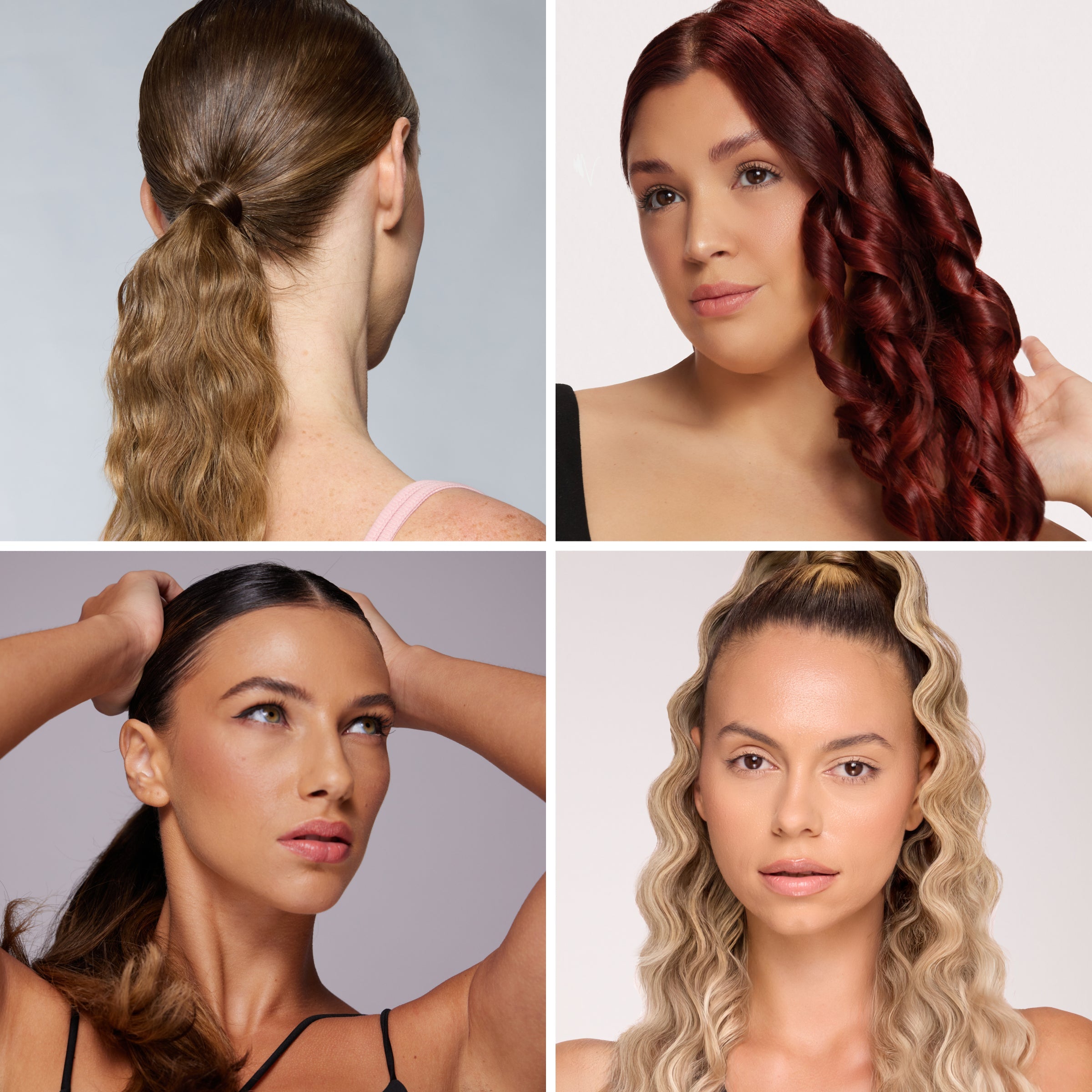 Four women with different hair textures and styles, including ponytails, curls, and waves, showcasing hair diversity.