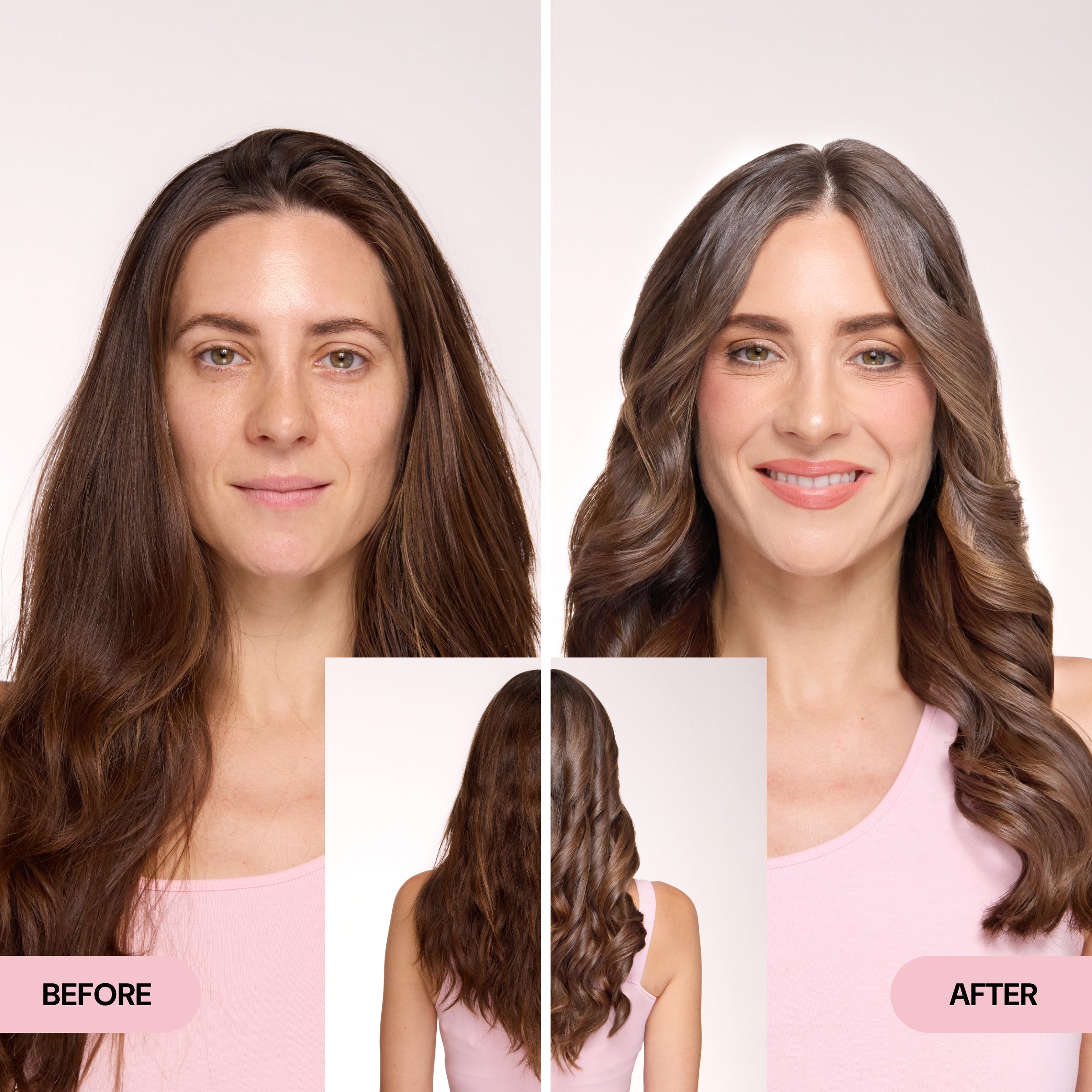 Before and after image of a woman with long brown hair, showing smooth, voluminous curls in the after view.