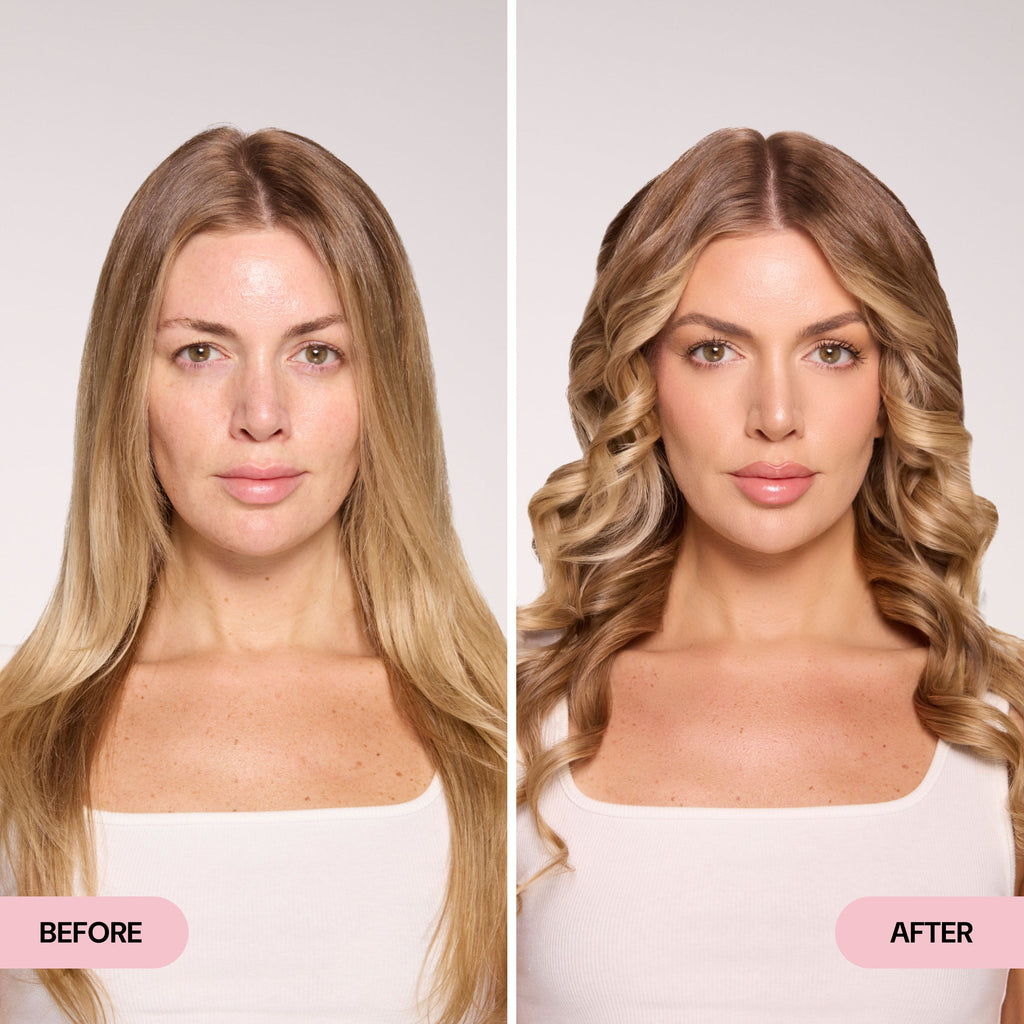 Side-by-side before and after image of a woman with blonde hair, showing a transformation from straight to defined, voluminous curls.