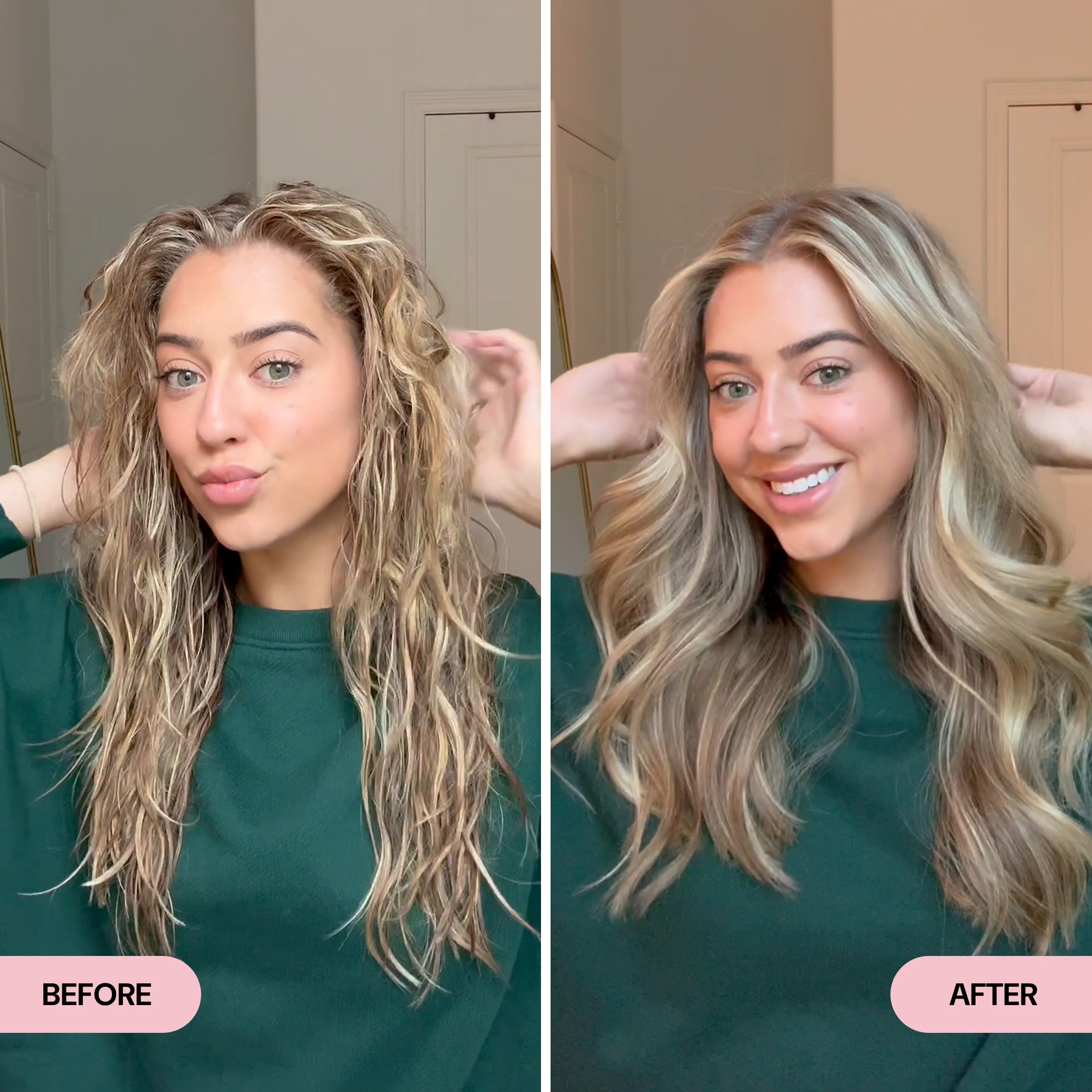 Side-by-side comparison of a woman with damp, frizzy waves in the "Before" image and soft, voluminous curls in the "After" image. The transformation emphasizes smoothness, shine, and a bouncy, polished style.