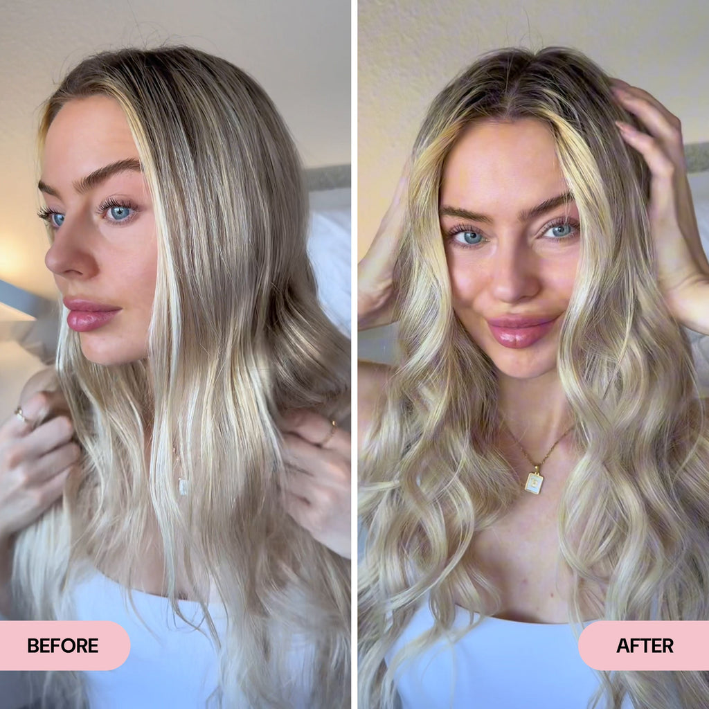 Side-by-side comparison of a woman with slightly uneven loose waves in the "Before" image and uniform, glossy curls in the "After" image. The transformation highlights defined wave structure, shine, and an elevated beachy look.