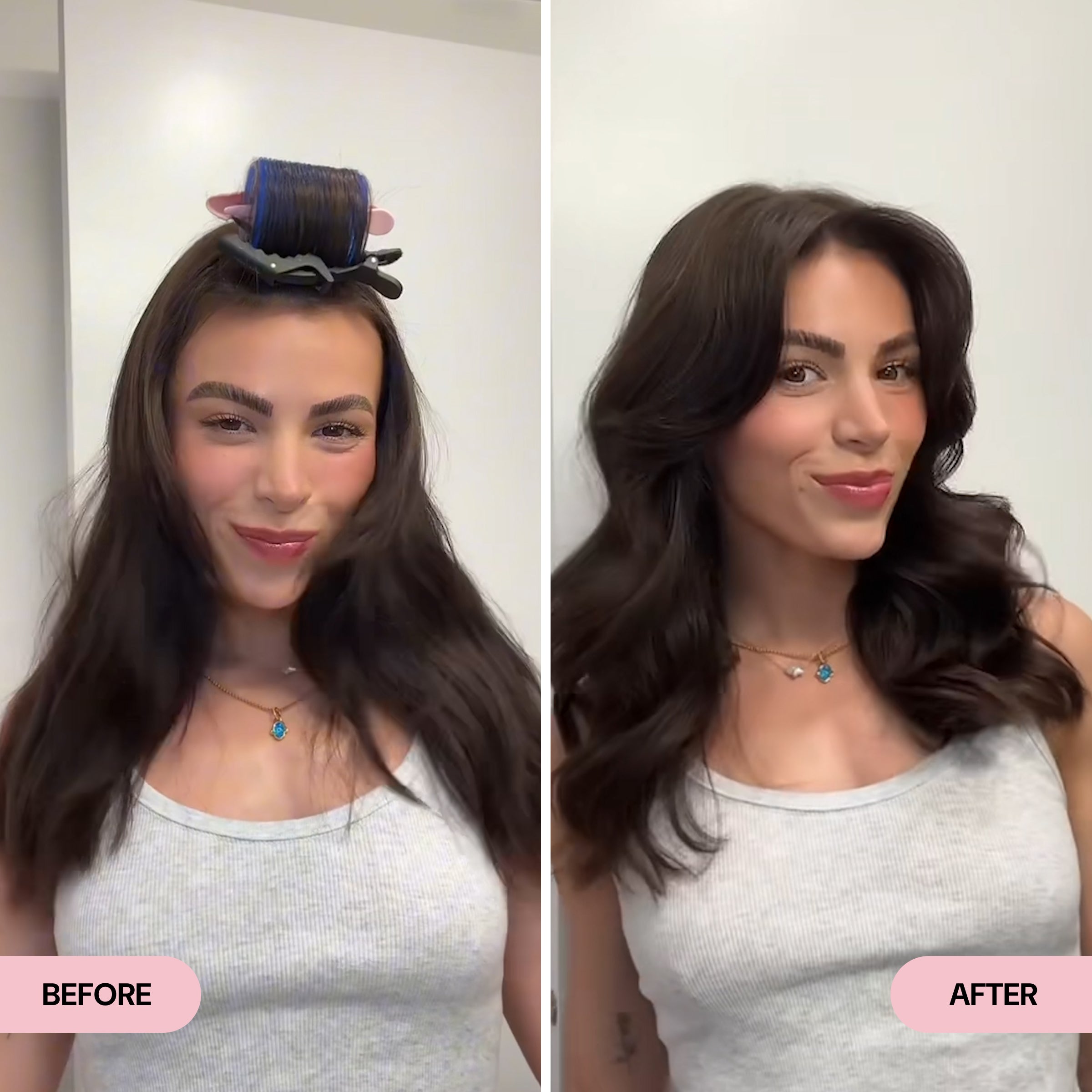 Side-by-side comparison of a woman with dark, flat waves and a front roller in the "Before" image and voluminous, styled curls in the "After" image. The transformation showcases a lifted crown, enhanced body, and a glamorous blowout finish.