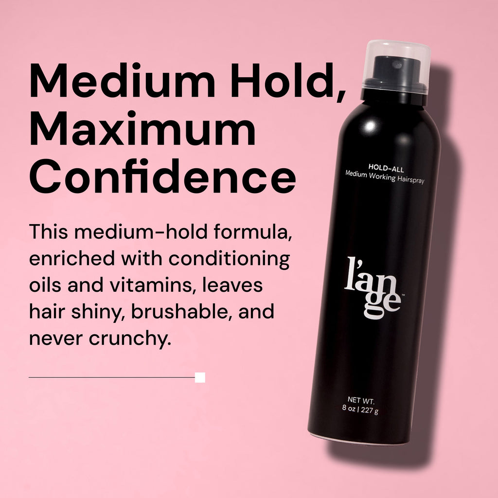 Medium hold, maximum confidence image with Hold-All against a blush background.