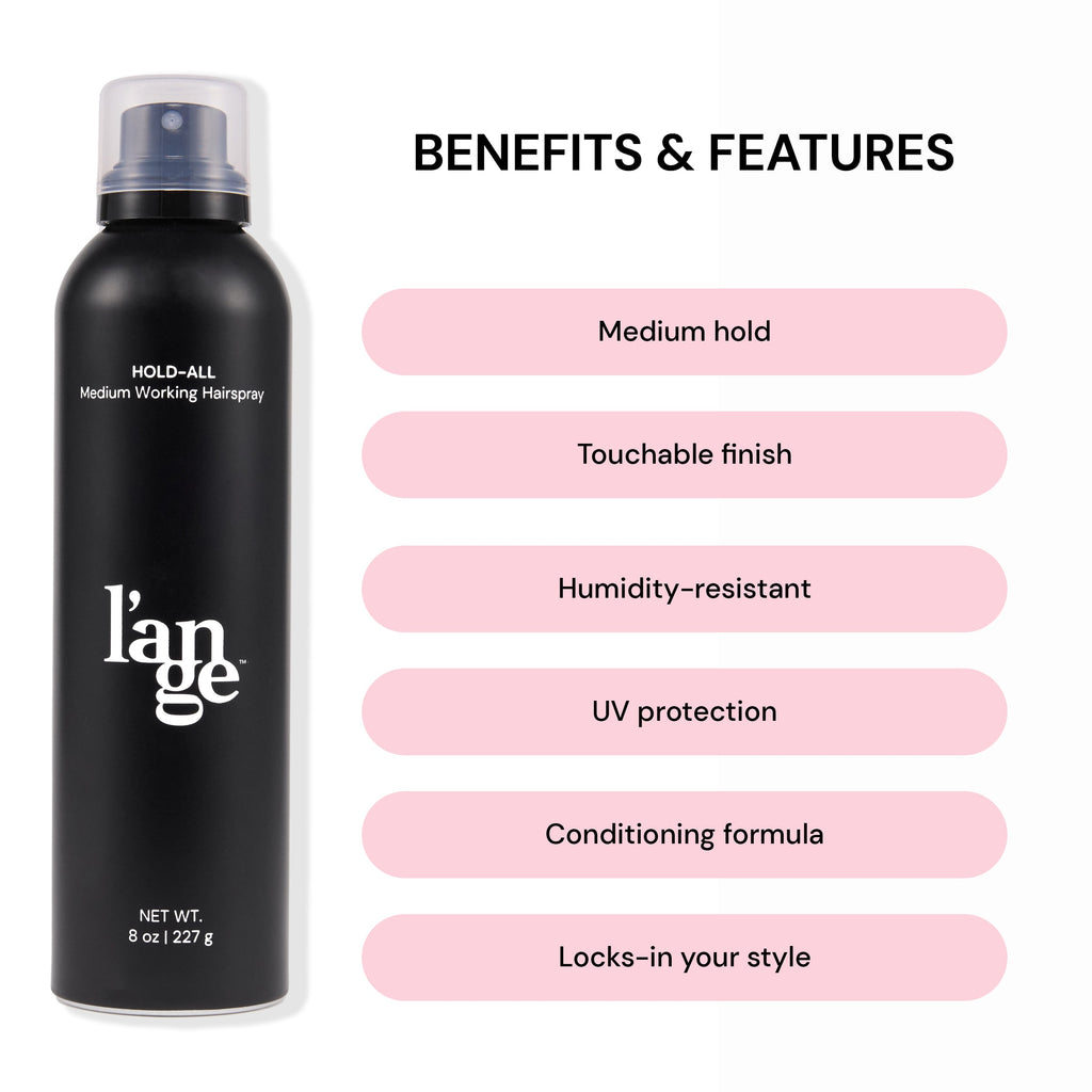 A graphic with pink sections that focuses on the benefits & features of the Hold-All Medium Working Hairspray.