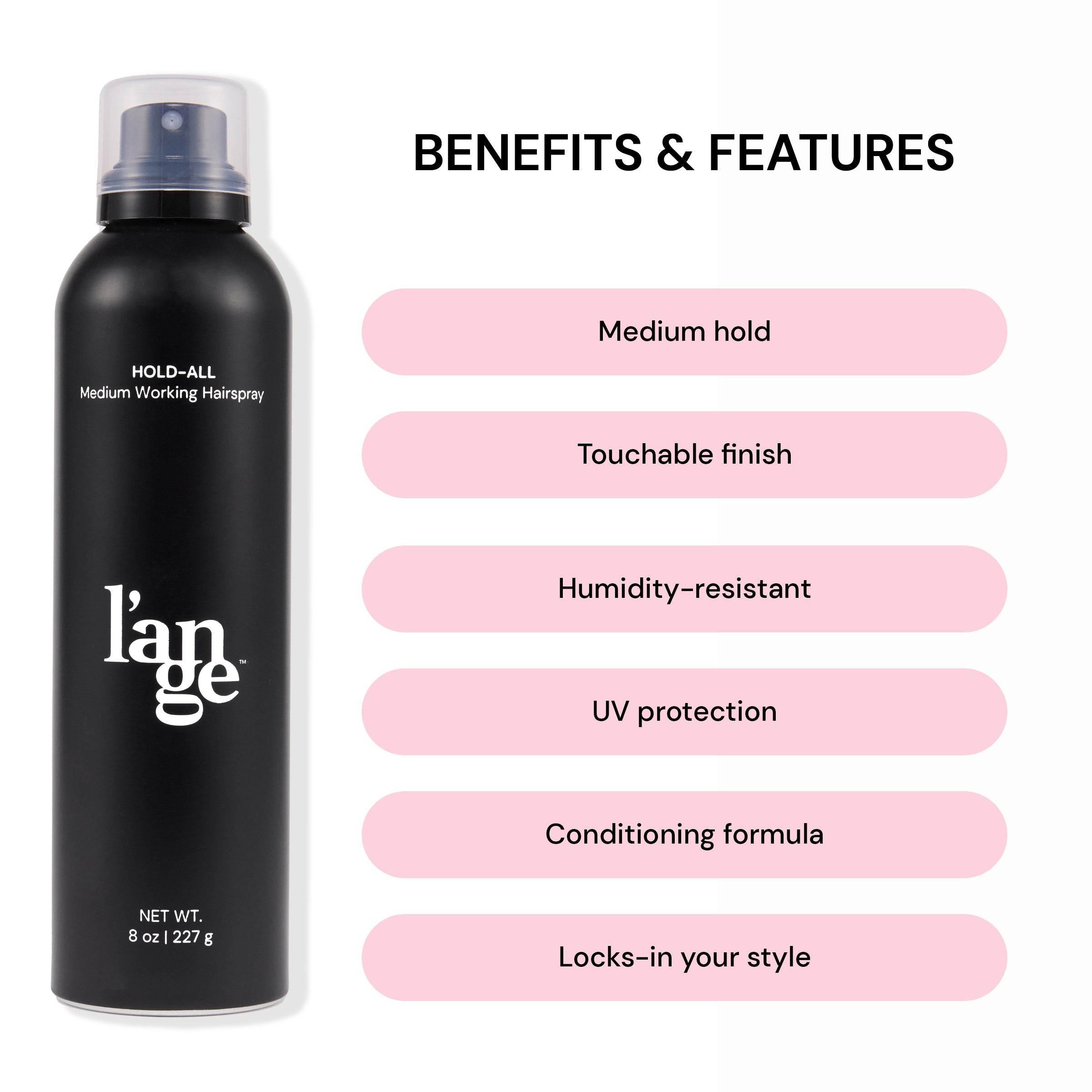 A graphic with pink sections that focuses on the benefits & features of the Hold-All Medium Working Hairspray.