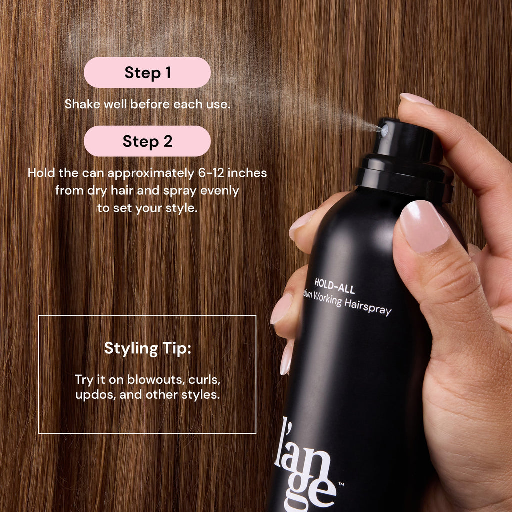 A graphic with the bottole spaying onto the hair that shows the step by step on how to use this hairspray. 