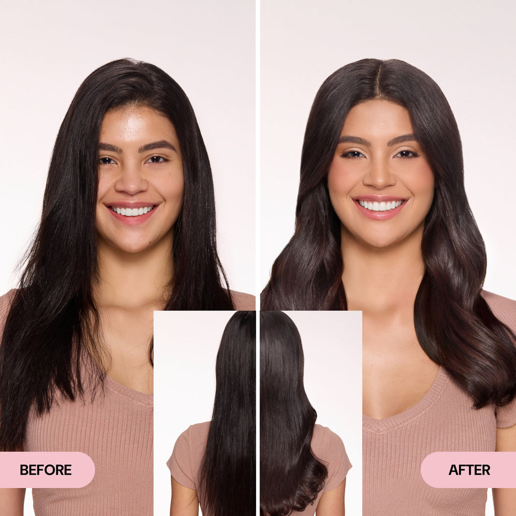 Before and after comparison showing a woman with straight, dull hair transformed to smooth, shiny, and voluminous hair.
