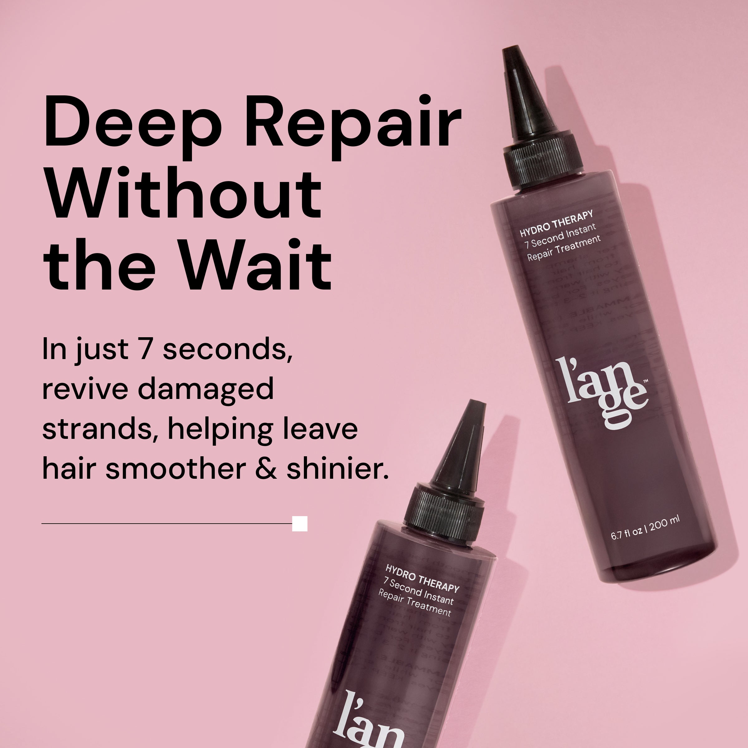 L’ange Hydro Therapy hair treatment bottles with text promoting 7-second repair for smoother, shinier hair.