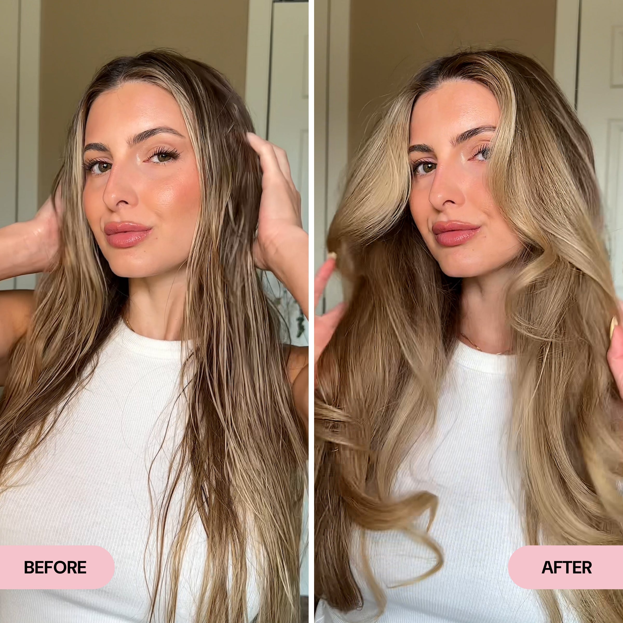Before and after comparison showing a woman with damp, flat hair transformed to voluminous, smooth, and styled hair.