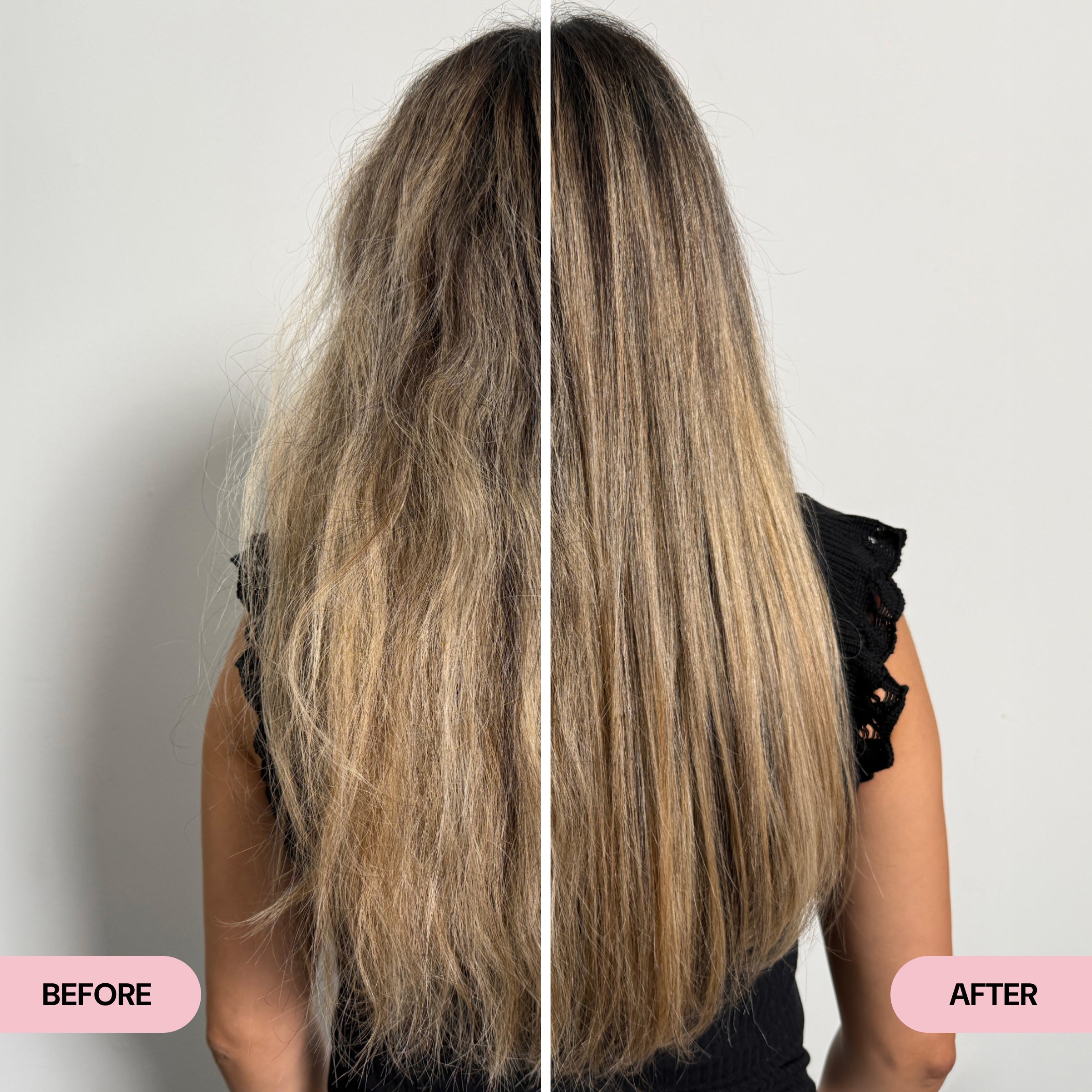 Before and after comparison of a woman’s hair showing transformation from frizzy and dry to smooth and straight.