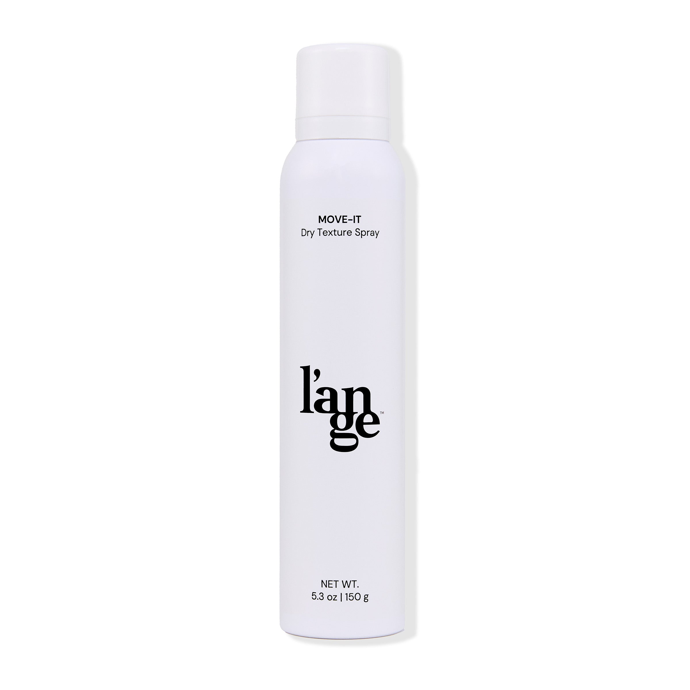 The white bottle with black lettering of Move-It Dry Texture Spray has a clear cap and displays the 5.3 oz net weight.