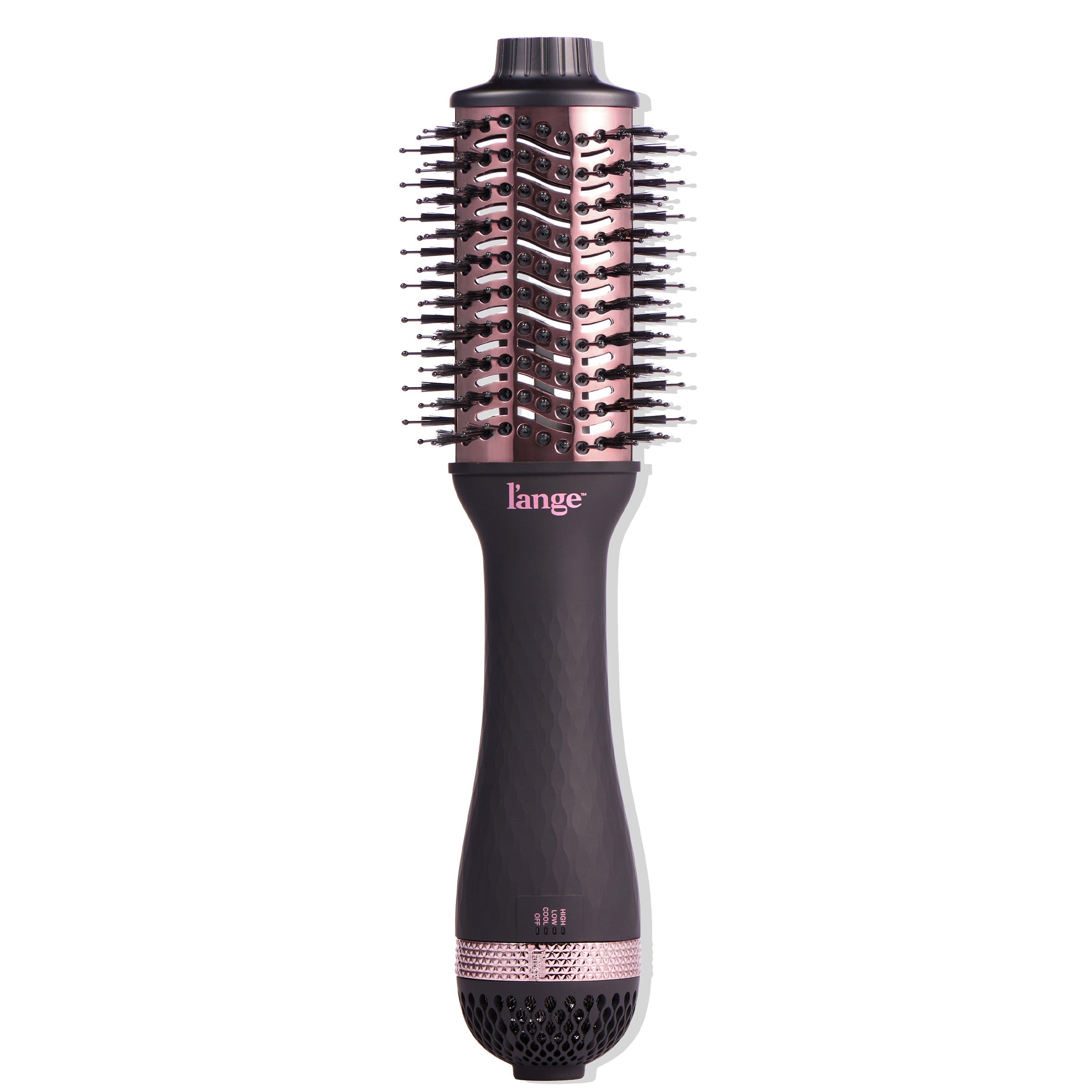 A sleek hair styling tool features a pink and black color scheme, combining a round brush with a handle for easy use.