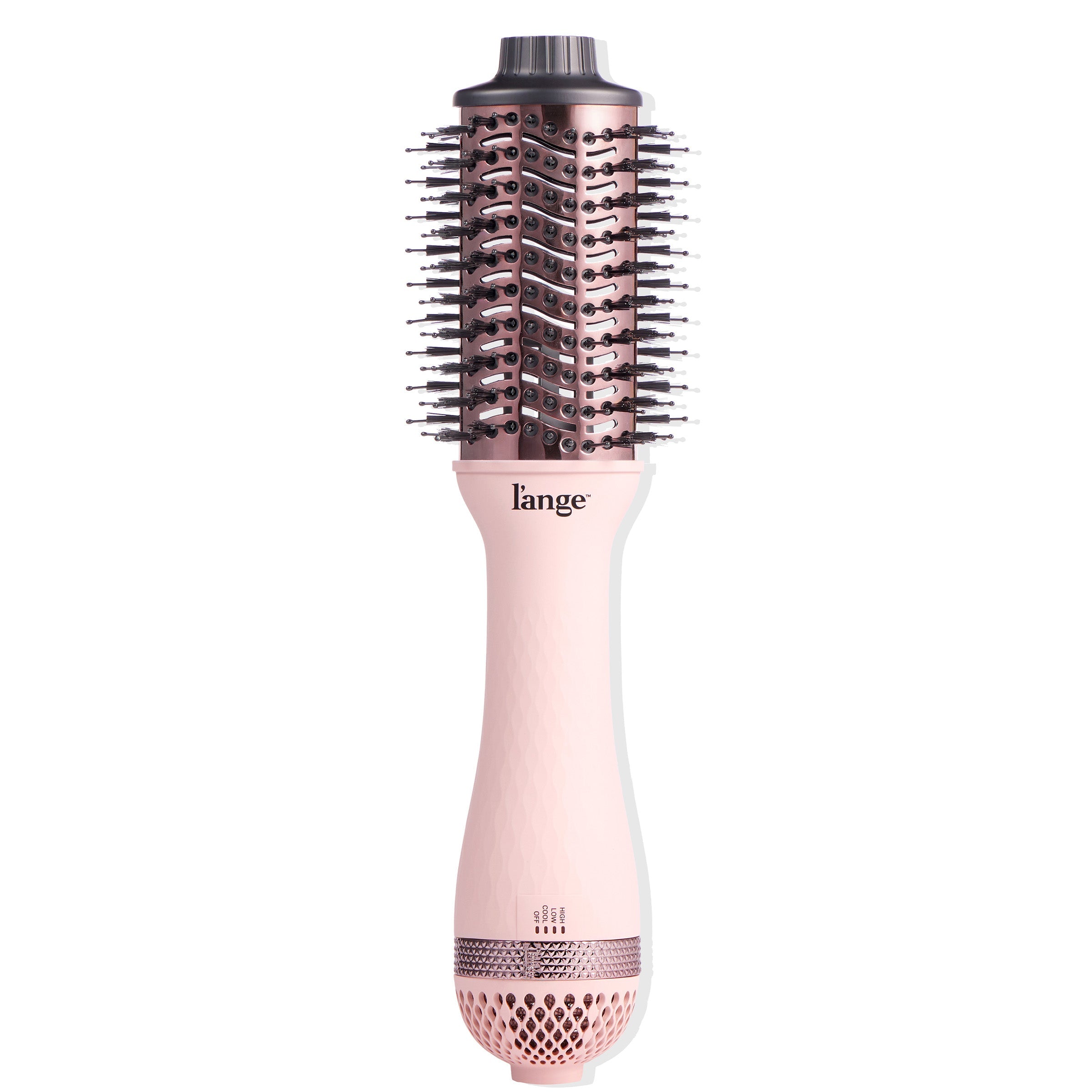 Pink cylindrical hair styling brush with a round brush head featuring black bristles and a textured handle.