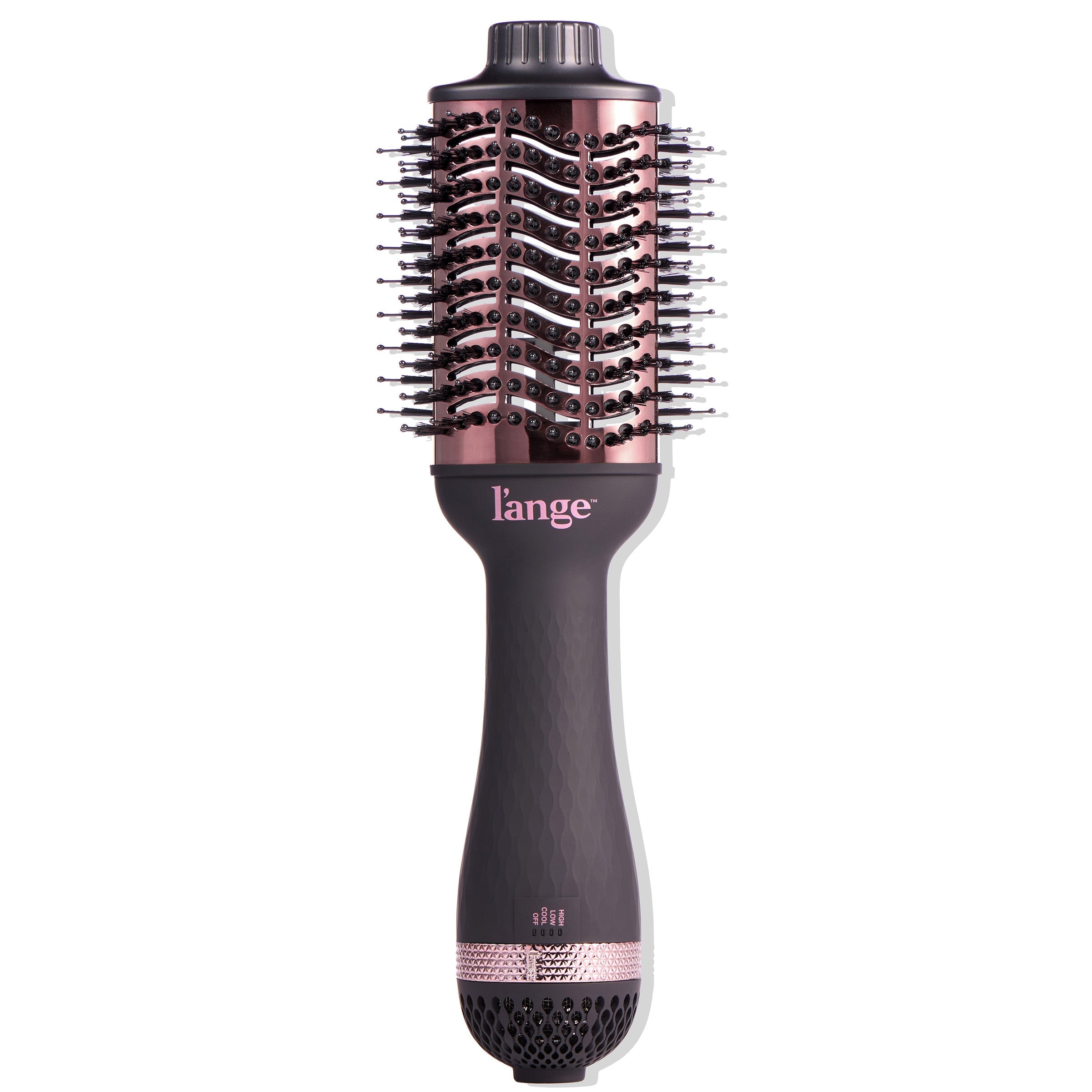 A sleek, multifunctional hair styling tool with a black and rose gold design, featuring a round brush head with bristles and a textured handle.