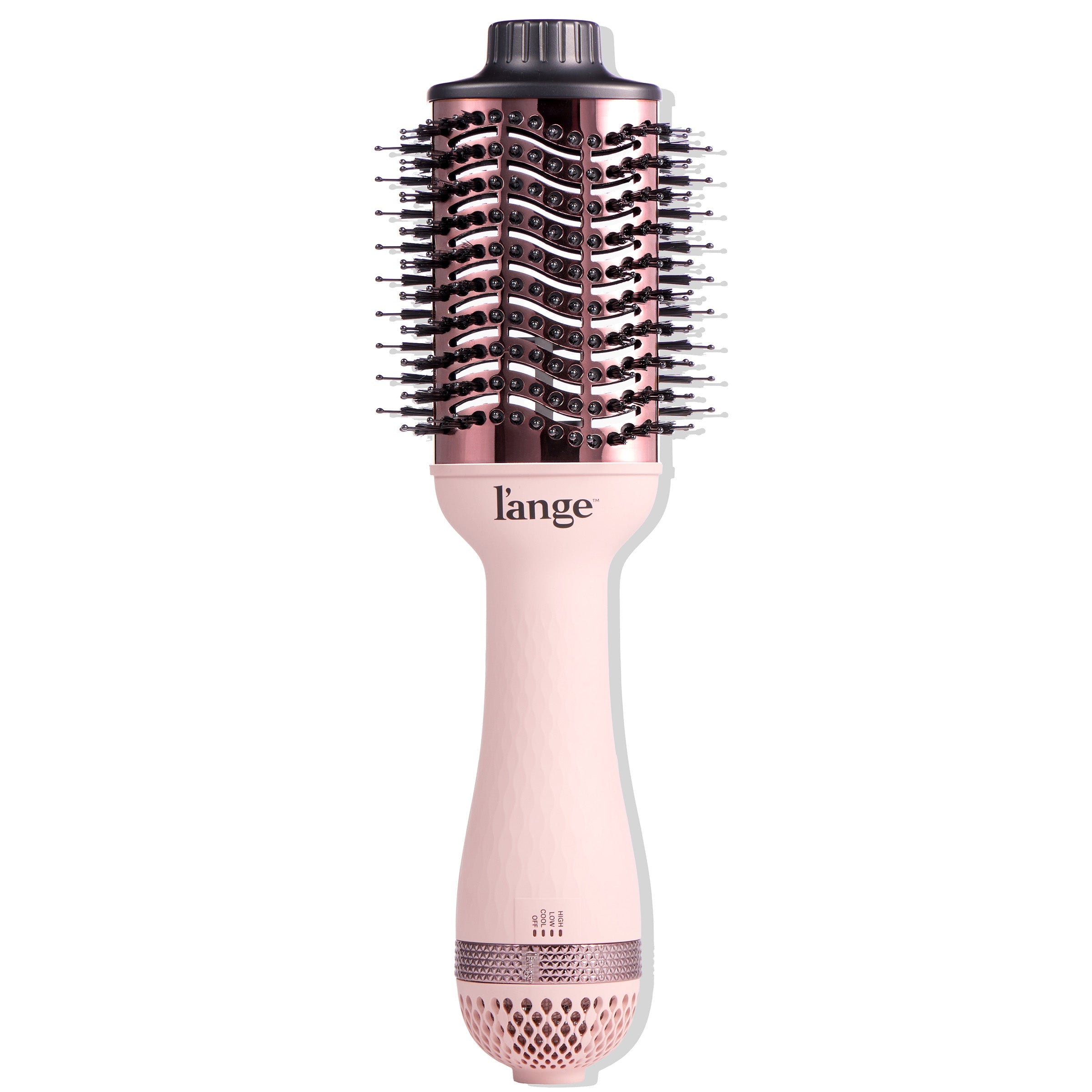 A rose gold and pink oval-shaped hair dryer brush with bristles and a textured handle, designed for styling and adding volume.