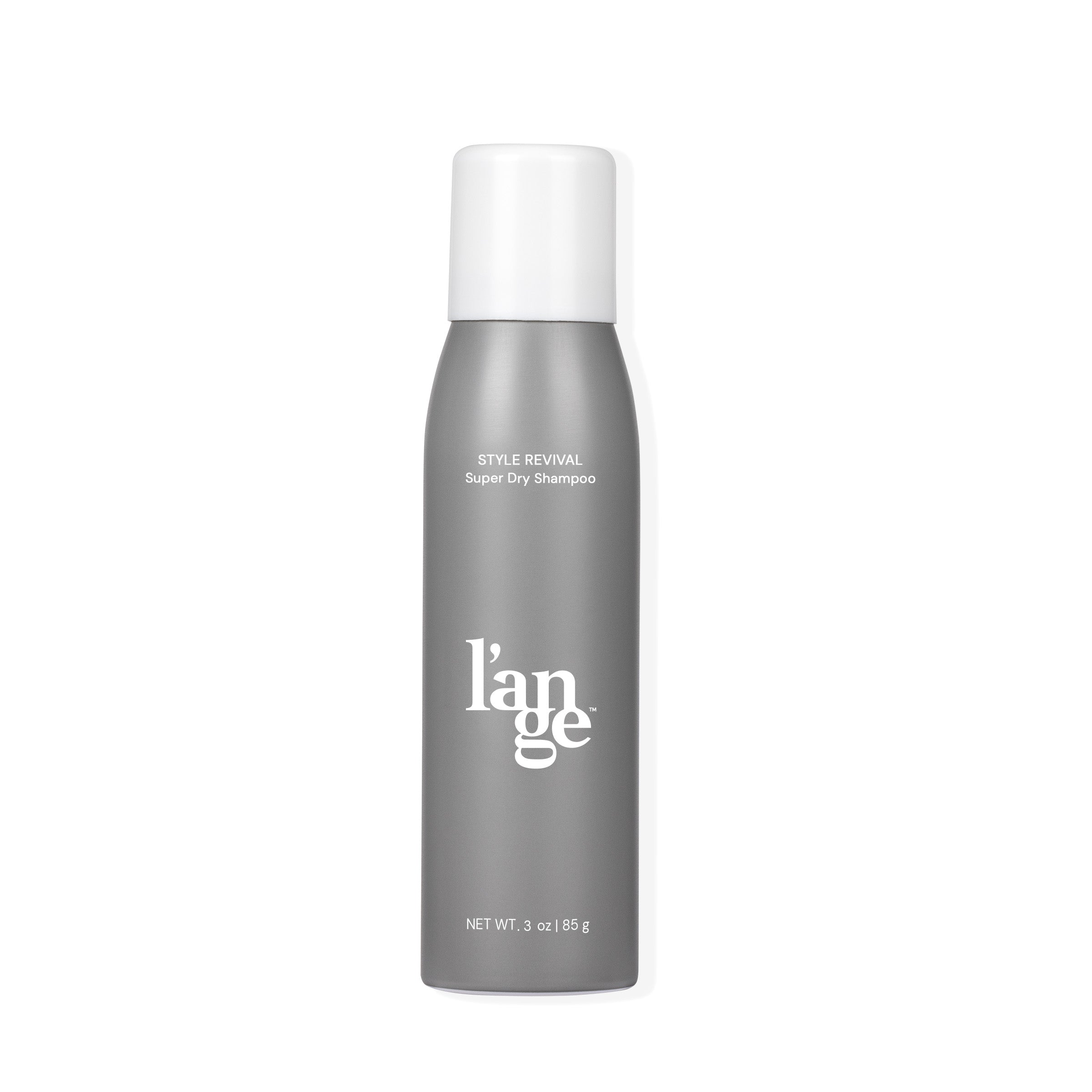 Gray aerosol can of l'ange Style Revival Super Dry Shampoo with a white cap, containing 3 oz (85 g) of product.