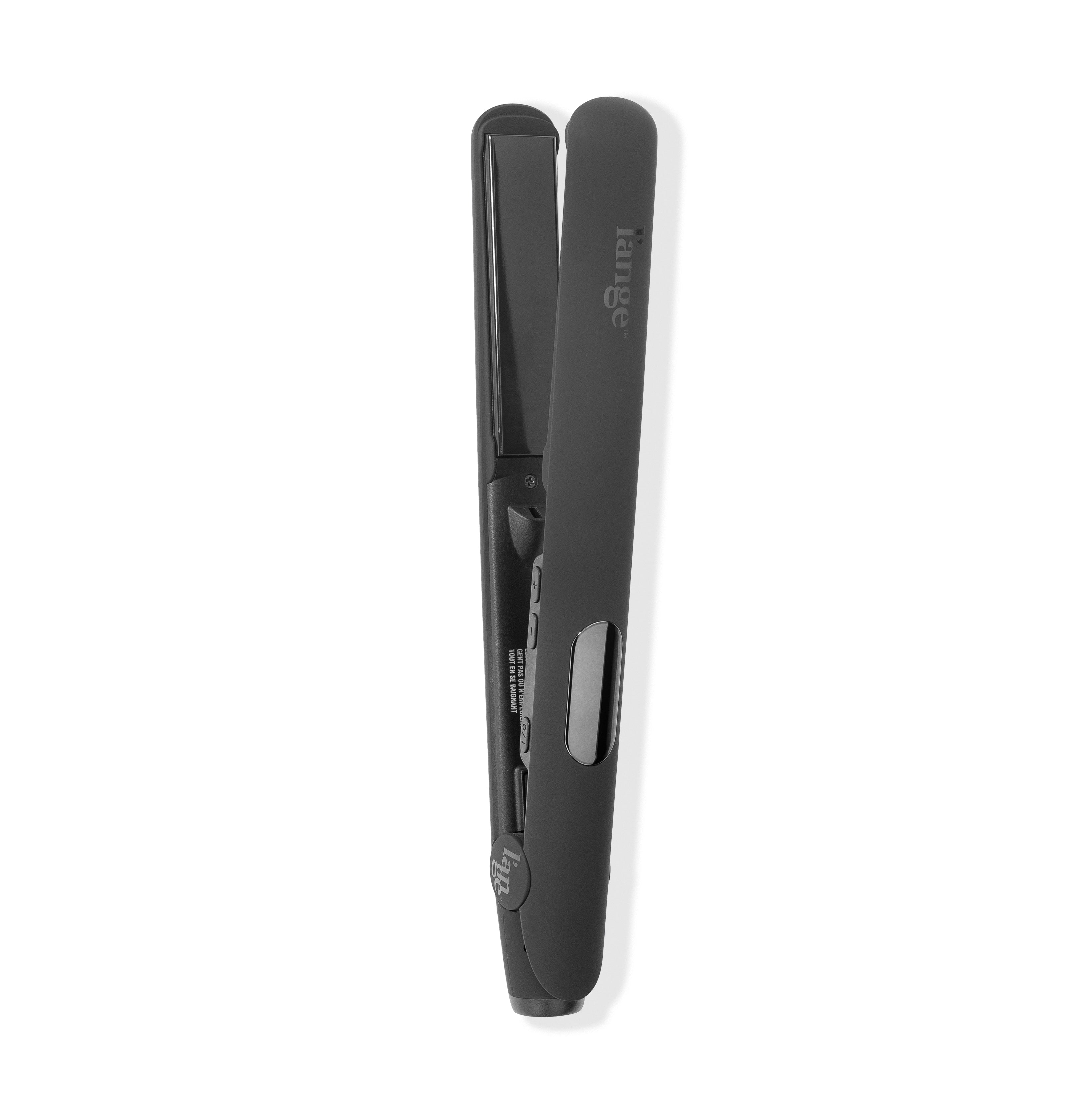 Black flat iron with ceramic, rounded edges plates and soft-touch handle and digital LCD Display