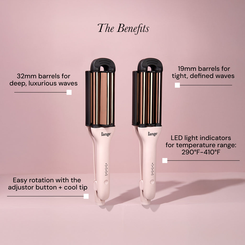 Two hair styling tools featuring 32mm and 19mm barrels for creating deep, luxurious and tight, defined waves, with LED temperature indicators and an easy rotation feature.