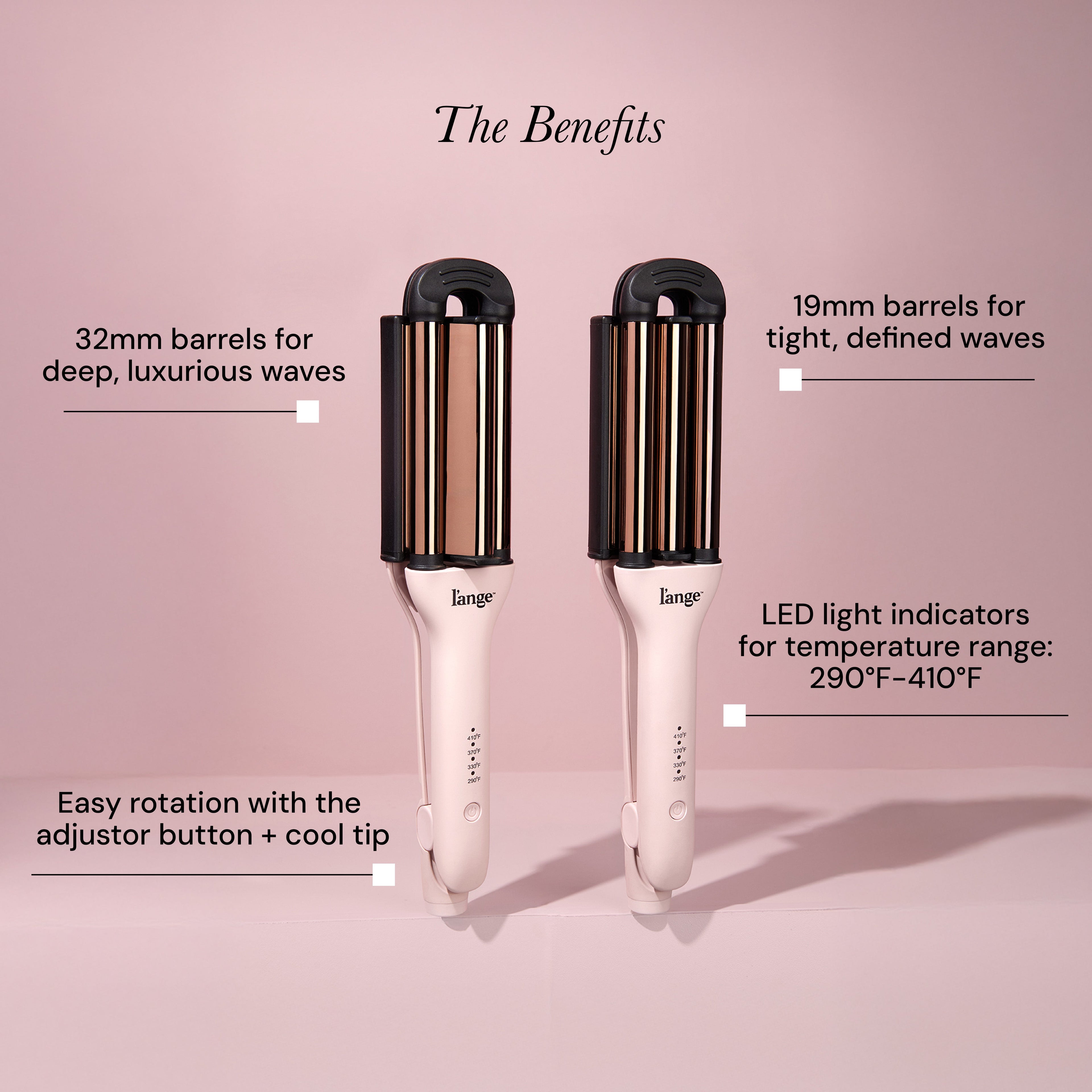 Two hair styling tools featuring 32mm and 19mm barrels for creating deep, luxurious and tight, defined waves, with LED temperature indicators and an easy rotation feature.