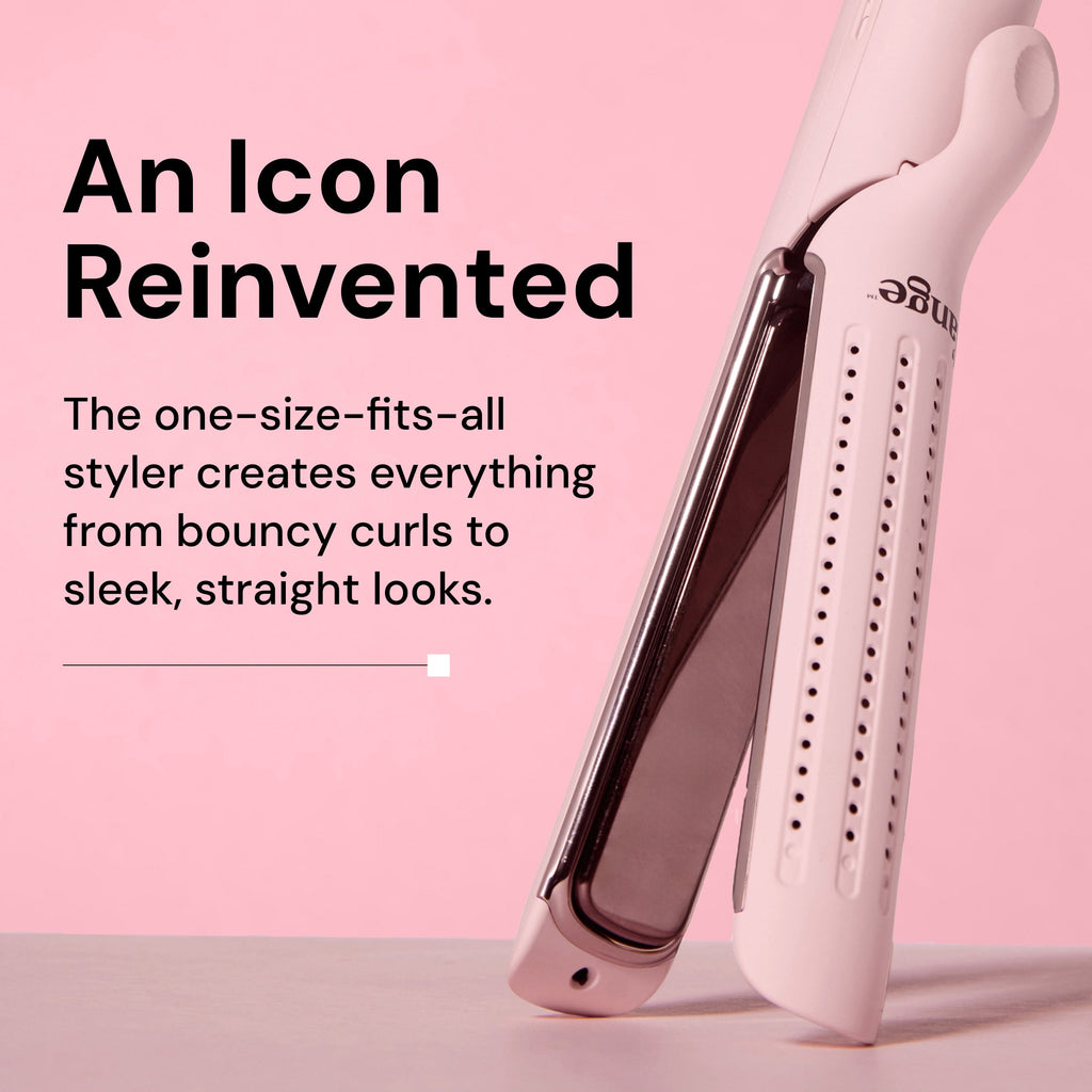 Le Duo Edge hair styler in pale pink, showcasing its sleek design and versatility for styling both curls and straight looks. Accompanied by text: "An Icon Reinvented. It's not an upgrade, it's a whole new edge."