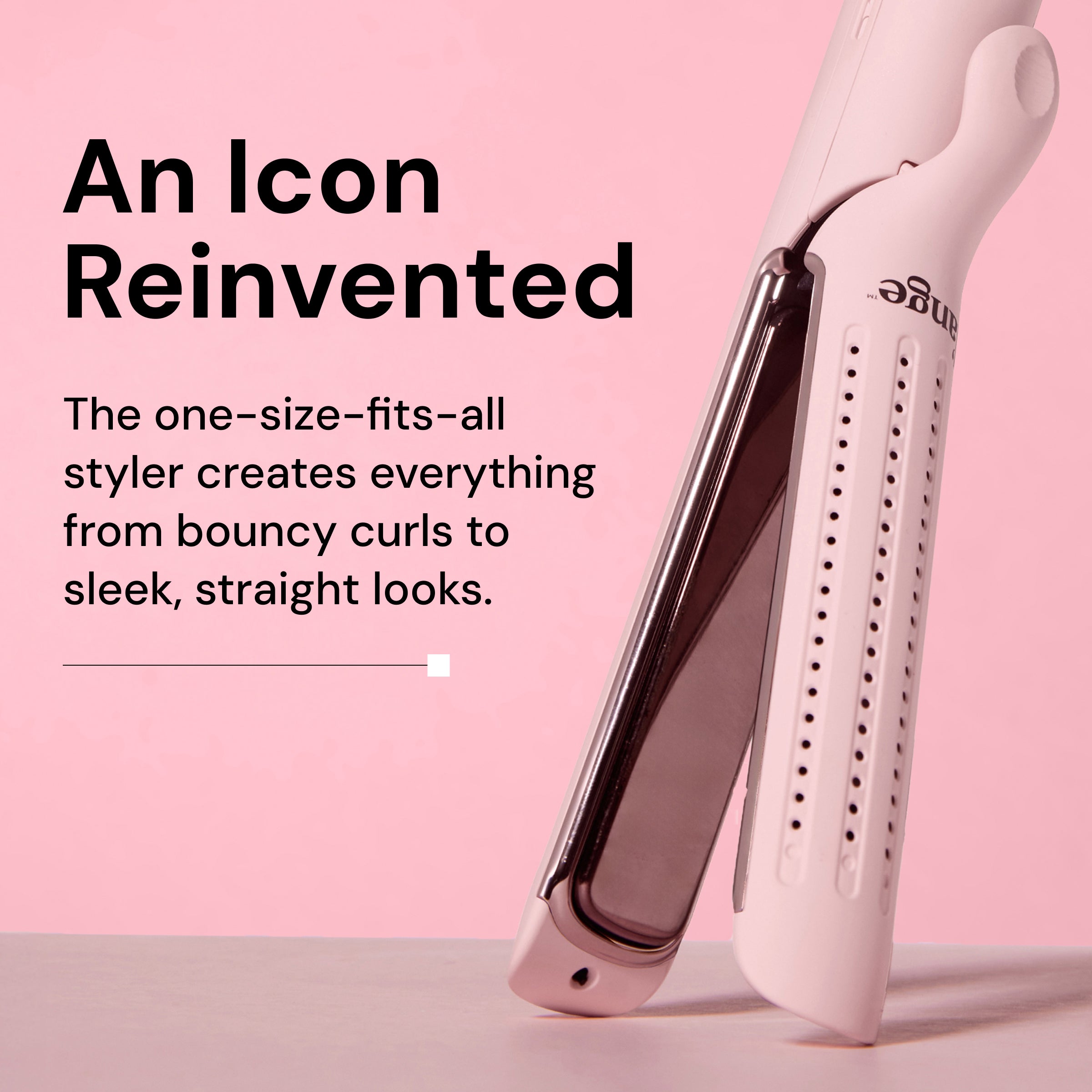 Le Duo Edge hair styler in pale pink, showcasing its sleek design and versatility for styling both curls and straight looks. Accompanied by text: "An Icon Reinvented. It's not an upgrade, it's a whole new edge."