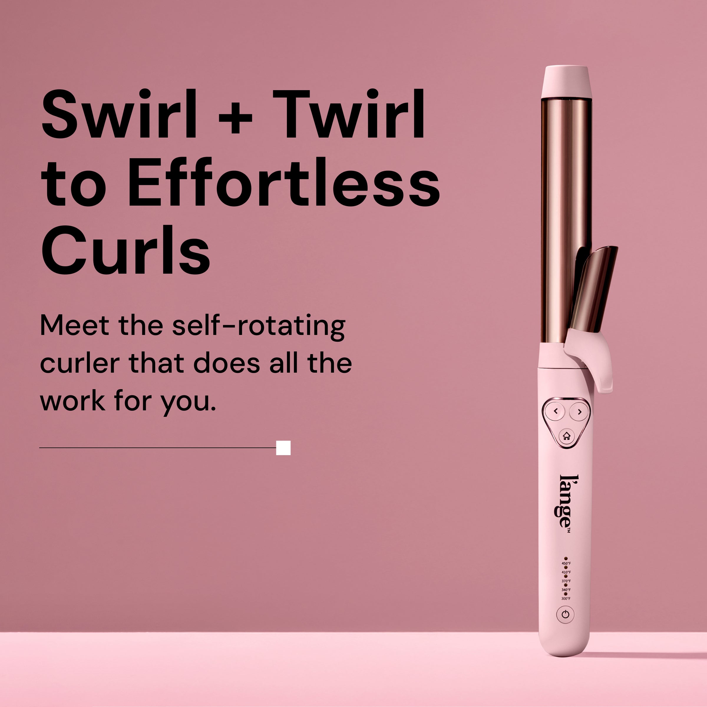 Self-rotating curling iron with a sleek design, offering effortless styling with automated functionality against a soft pink background.