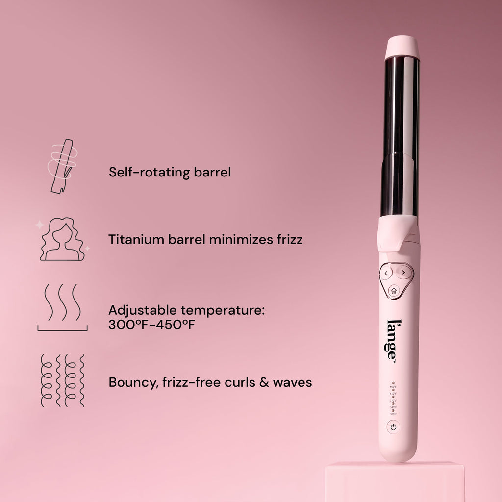 Hair styling tool with a self-rotating titanium barrel for minimizing frizz, featuring adjustable temperatures from 300°F to 450°F for bouncy, frizz-free curls and waves.