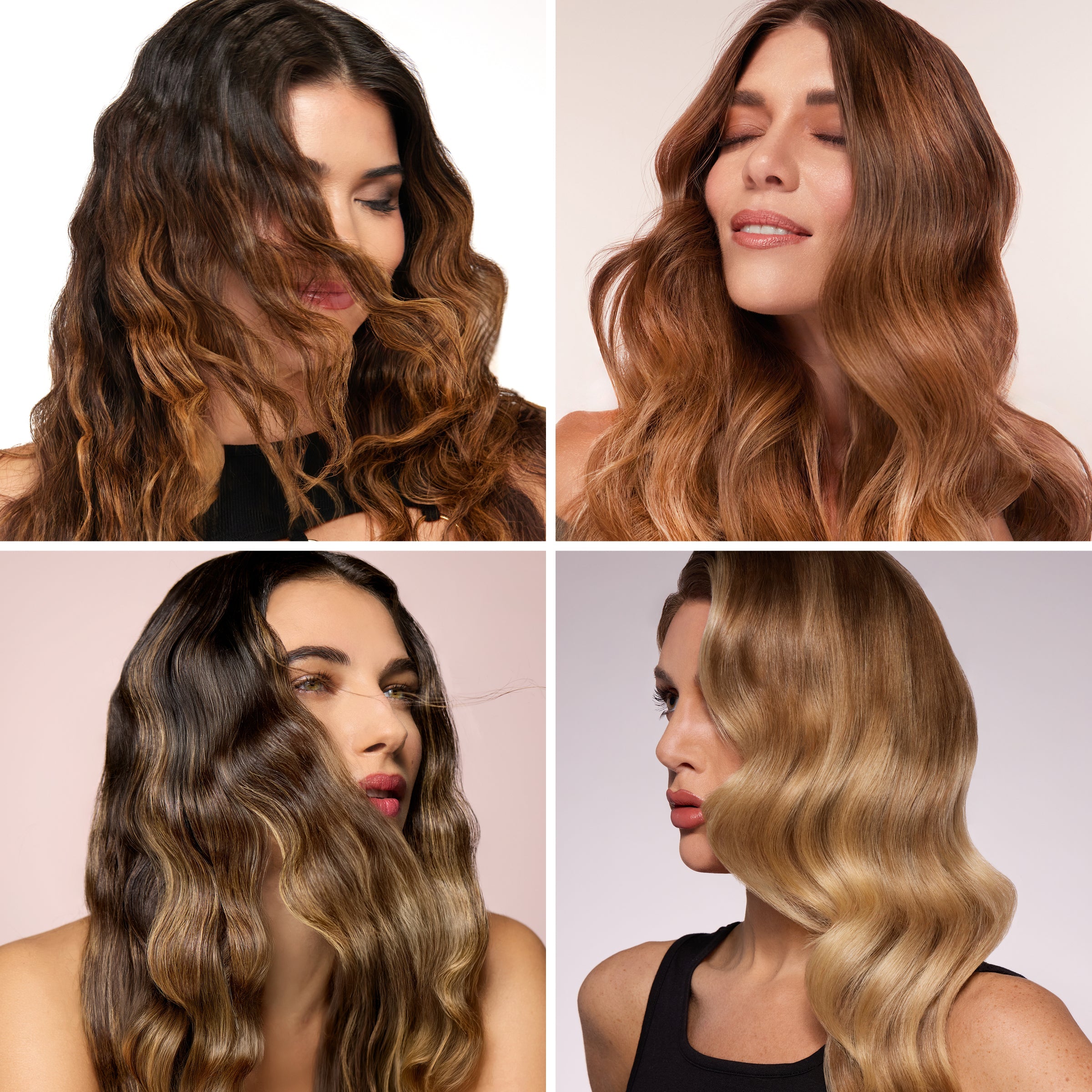 Collage of four women with defined, voluminous waves in different hair colors.